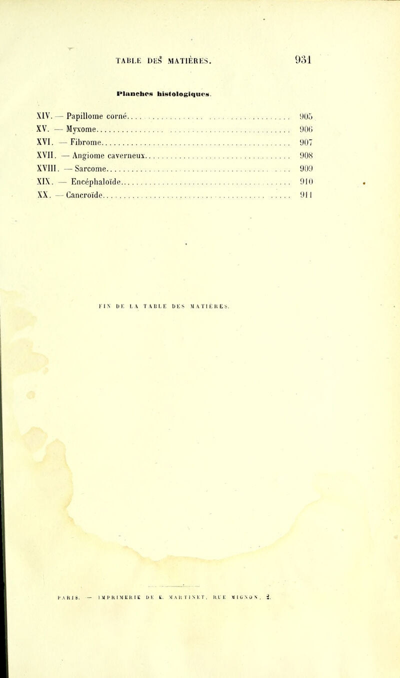 Planches histologiquoM. XIV. — Papillome corné 905 XV. — Myxome 906 XVI. — Fibrome 907 XVII. —^ Angiome caverneux 908 XVIII. — Sarcome 909 XIX. — Encéphaloïde 910 XX. — Cancroïde 911 FIN UK L.4 TABLE U E S MAÏlEHEb. HARJS. — I )1 p h 1 M EU I E UK S. MAllTlNtT, Itl E « 1 G N 0 S , i.