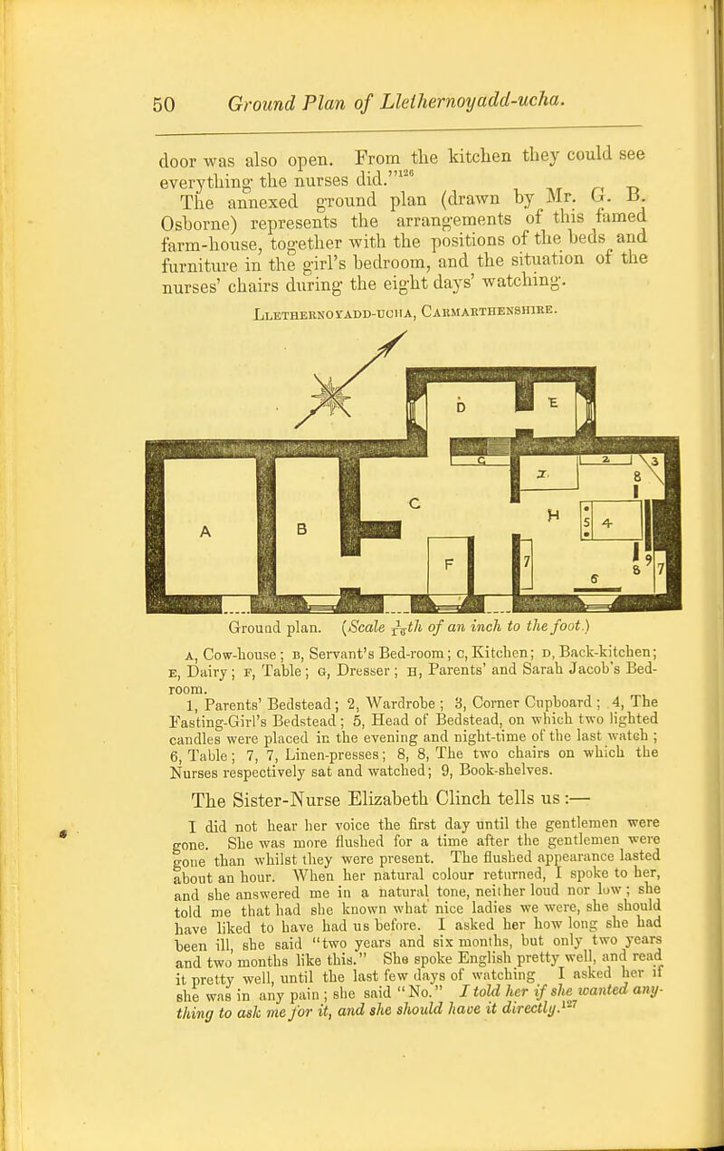 door was also open. From tlie kitclien they could see everything- the nurses did.'° The annexed ground plan (drawn by Mr. G. i3. Osborne) represents the arrangements of this famed farm-house, together with the positions of the beds and furniture in the girl's bedroom, and the situation of the nurses' chairs during- the eight days' watching. LLETHEBNOrADD-ttCIlA, CaUMAKTHENSHIRE. Grouad plan. {Scale xs^li of an inch to the foot.) A, Cow-lionse ; b, Sei-vant's Bed-room; c, Kitchen; d, Back-kitchen; E, Dairy ; f, Tahle ; g, Dresser ; n, Parents' and Sarah Jacob's Bed- room. 1, Parents' Bedstead ; 2, Wardrobe ; 3, Corner Cupboard ; 4, The Fasting-Girl's Bedstead ; 5, Head of Bedstead, on which two lighted candles were placed in the evening and night-time of the last watch ; 6, Table; 7, 7, Linen-presses; 8, 8, The two chairs on which the Nurses respectively sat and watched; 9, Book-shelves. The Sister-Nurse Elizabeth Clinch tells us :— I did not hear her voice the first day until the gentlemen were gone. She was more flushed for a time after the gentlemen were gone than whilst they were present. The flushed appearance lasted about an hour. When her natural colour returned, I spoke to her, and she answered me in a natural tone, neiiherloud nor low; she told me that had she known what' nice ladies we were, she should have liked to have had us before. I asked her how long she had been ill she said two years and six months, but only two years and two' months like this. She spoke English pretty well, and read it pretty well, until the last few days of watchnig I asked her it she was in any pain ; she said  No. I told her if she wanted any- thing to ask me for it, and she should have it directly.^'