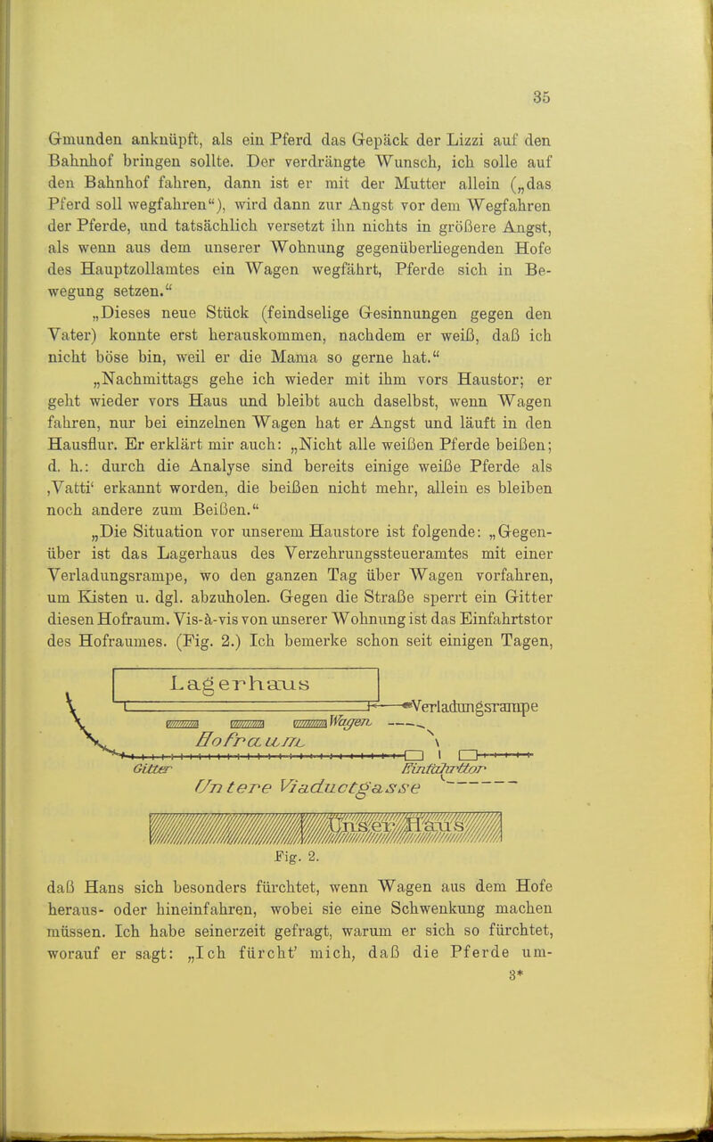 Gmunden anknüpft, als ein Pferd das Gepäck der Lizzi auf den Balinliof bringen sollte. Der verdrängte Wunsch, ich solle auf den Bahnhof fahren, dann ist er mit der Mutter allein („das Pferd soll wegfahren), wird dann zur Angst vor dem Wegfahren der Pferde, und tatsächlich versetzt ihn nichts in größere Angst, als wenn aus dem unserer Wohnung gegenüberliegenden Hofe des Hauptzollamtes ein Wagen wegfährt, Pferde sich in Be- wegung setzen. „Dieses neue Stück (feindselige Gesinnungen gegen den Vater) konnte erst herauskommen, nachdem er weiß, daß ich nicht böse bin, weil er die Mama so gerne hat. „Nachmittags gehe ich wieder mit ihm vors Haustor; er geht wieder vors Haus und bleibt auch daselbst, wenn Wagen fahren, nur bei einzelnen Wagen hat er Angst und läuft in den Hausflur. Er erklärt mir auch: „Nicht alle weißen Pferde beißen; d. h.: durch die Analyse sind bereits einige weiße Pferde als ,Vatti' erkannt worden, die beißen nicht mehr, allein es bleiben noch andere zum Beißen. „Die Situation vor unserem Haustore ist folgende: „Gegen- über ist das Lagerhaus des Verzehrungssteueramtes mit einer Verladungsrampe, wo den ganzen Tag über Wagen vorfahren, um Kisten u. dgl. abzuholen. Gegen die Straße sperrt ein Gitter diesen Hofraum. Vis-ä-vis von unserer Wohnung ist das Einfahrtstor des Hofraumes. (Fig. 2.) Ich bemerke schon seit einigen Tagen, LagerhaxLs V\ —«Verladangsrampe mmm Wimm mmm^agm. ^ HofrcLLL/rjL \ * I ■ I 11 I 11 .1 I I I I j. ■ 1 I I ■ □ I □ I i I ■ ■ Gitt^ Einfahrftor Un tere Viaductgasse Fig. 2. daß Hans sich besonders fürchtet, wenn Wagen aus dem Hofe heraus- oder hineinfahren, wobei sie eine Schwenkung machen müssen. Ich habe seinerzeit gefragt, warum er sich so fürchtet, worauf er sagt: „Ich für cht' mich, daß die Pferde um- 3*