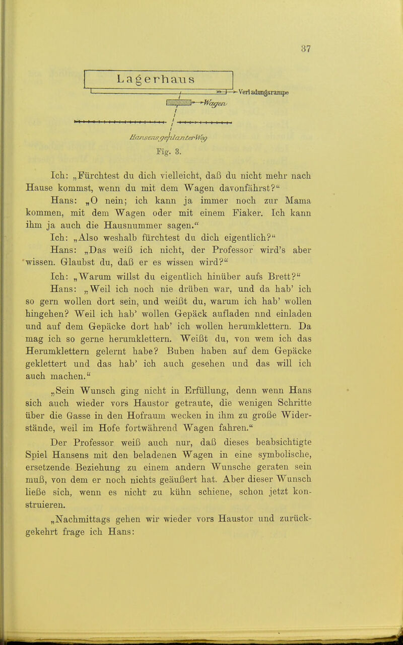 Lagerha\is I .— - Verl adongsranipe / / / _ / Hanse/IS'gejilaJtterU^ Fig. 3. Ich: „FürcMest du dicli vielleicht, daß du nicht mehr nach Hause kommst, wenn du mit dem Wagen davonfährst? Hans: „0 nein; ich kann ja immer noch zur Mama kommen, mit dem Wagen oder mit einem Fiaker, Ich kann ihm ja auch die Hausnummer sagen. Ich: „Also weshalb fürchtest du dich eigentlich? Hans: „Das weiß ich nicht, der Professor wird's aber wissen. Grlaubst du, daß er es wissen wird? Ich: „Warum willst du eigentlich hinüber aufs Brett? Hans: „Weil ich noch nie drüben war, und da hab' ich so gern wollen dort sein, und weißt du, warum ich hab' wollen hingehen? Weil ich hab' wollen G-epäck aufladen nnd einladen und auf dem Gepäcke dort hab' ich wollen herumklettern. Da mag ich so gerne herumklettern. Weißt du, von wem ich das Herumklettern gelernt habe? Buben haben auf dem Grepäcke geklettert und das hab' ich auch gesehen und das will ich auch machen. „Sein Wunsch ging nicht in Erfüllung, denn wenn Hans sich auch wieder vors Haustor getraute, die wenigen Schritte über die Gasse in den Hofraum wecken in ihm zu große Wider- stände, weil im Hofe fortwährend Wagen fahren. Der Professor weiß auch nur, daß dieses beabsichtigte Spiel Hansens mit den beladenen Wagen in eine symbolische, ersetzende Beziehung zu einem andern Wunsche geraten sein muß, von dem er noch nichts geäußert hat. Aber dieser Wunsch ließe sich, wenn es nicht zu kühn schiene, schon jetzt kon- struieren. „Nachmittags gehen wir wieder vors Haustor und zurück- gekehrt frage ich Hans: