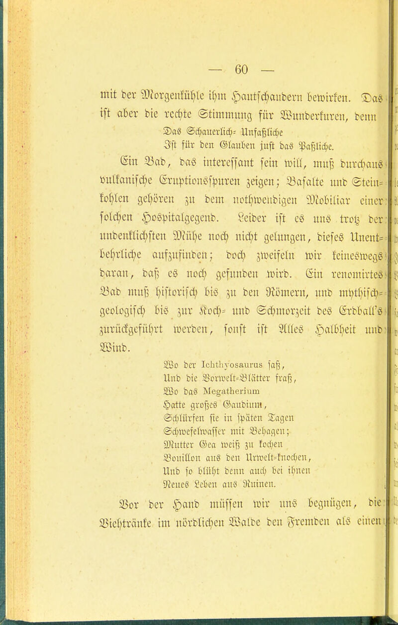 mit ber gjiorgeufüfjle ii)m ^autfd^aiiberu beiDirfen. ©a§ ■ tft aBev bie rcd)te ©timmuug für Sl^uuberfuren, beim Sft für ben ©tauten juft baö ^ajslic^e. ©n 33ab, baö intere[fant [ein teiü, mui? burd)au«' üitlfanifd;e eru^ticne^^uren jeigen; 33a[aae uub @tein= fohlen get^ören beut notfjtüenbigen Stobitiar einer fold;en |)oSpita(gegenb. ßeiber i[t e§ nn§ trolj ber • nnbeuflid;ften 9}(üf;e no^ nid;t geinngen, biefeg Unent= 16e§rttd;e mtfsufinben; bod; jlDeifeln iDir feine^rt)eg§^ baran, baf? cä nod; gefnnben .iüirb. ßin rencmirteö- ii3ab ntujs I^iftorifd; bis ^^u ben Ü^ömern, nnb ntt;d;ifd?== geologifd; biö jnr iTod;= nnb @d)mor^eit be§ (SrbBaü'S jurüdgefü(;rt werben, fonft ift 5(((eg ipalBf^ett nnb' SBinb. 2Bd ber Ichthyosaurus faj3, Unb bie 5Bonrcft=53(ättcr fraß, 2Bd ba§ Megatherium §atte großes ©aubiitra, @d;türfen [ie in f^^äten Sagen @d;iuefetoaffcr mit S3el;agen; Si^iitter @ea ivetji jn fod;en 93oniÜDn au§ ben Urircfcfnoc^en, Unb fo blüf)t bcnn and; fcci if;nen 9?eneS Seijen an3 9htinen. , SSor ber ^anb müffen iDir nnv^ Begnügen, bie: 33icf)tränfe im nörblid;en SSalbe ben gremben aU einen