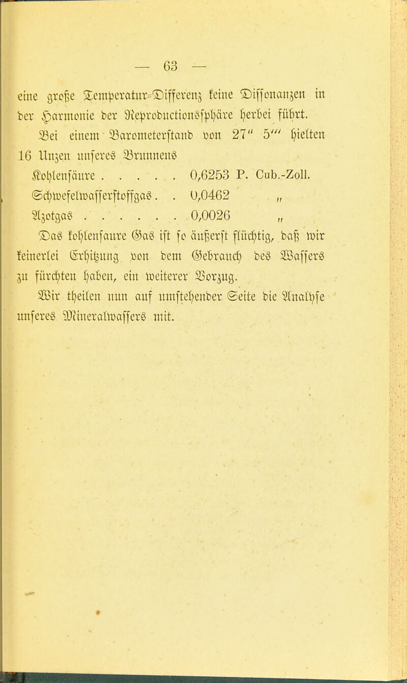 eine grcfee 2:em)3eratur=®ifferen5 feine ©iffonanjen in ber iparmonie ber 9ie|3rDbnctiDn§[|3l)äre IjerBei füfert. 23ei einem 33arometerftanb m\ 27 5' f)ielten 16 Unjen nnfcveS 33runnenö tol)len[änre 0,6253 P. Cub.-Zoll. @d;iDefern)a[]erftoffga^. . 0,0462 „ ^tjDtgaö ...... 0,0026 ®a§ to^Ienfanre ift fo anwerft flüi^tig, bafe luir feinerlei Sr^i^ung mx bcm ©ebranc^ beg 2Ba[[erg 3n füvc()ten ^aben, ein ioeiterer SSor^ug. 2Bir t^eilen nun auf um[te{;enber ©eite bie S^na^t;^e nnfereS ?0?ineratoaf[er§ mit.