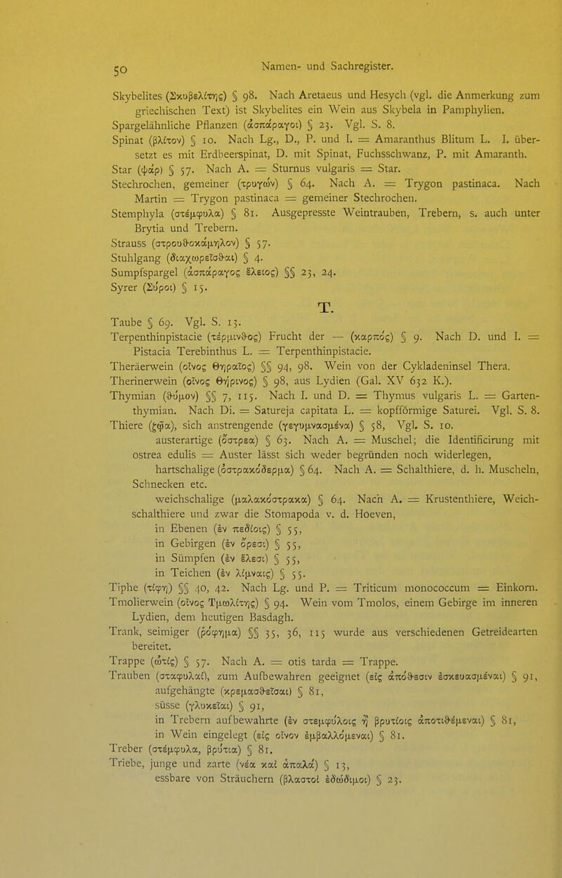 Skybelites (SjcußsXCxYjs) § 98. Nach Aretaeus und Hesych (vgl. die Anmerkung zum griechischen Text) ist Sltybelites ein Wein aus Skybela in PamphyHen. Spargelähnliche Pflanzen (aajiapaYot) § 23. Vgl. S. 8. Spinat (ßXfxov) § 10. Nach Lg., D., P. und I. = Amaranthus Blitum L. I. über- setzt es mit Erdbeerspinat, D. mit Spinat, Fuchsschwanz, P. mit Amaranth. Star (cl;ap) § 57. Nach A. = Sturmis vulgaris = Star. Stechrochen, gemeiner (ipuYcov) § 64. Nach A. = Trygon pastinaca. Nach Martin = Trygon pastinaca = gemeiner Stechrochen. Stemphyla (axeii^uXa) § 81. Ausgepresste Weintrauben, Trebern, s. auch unter Brytia und Trebern. Strauss (aT;pou9-oxanY]Xov) § 57. Stuhlgang (5taxo)peta9-ai) § 4. Sumpfspargel (douapaYos §Xeiog) §§ 23, 24. Syrer (Su'poi) § 15. T. Taube § 69. Vgl. S. 13. Terpenthinpistacie (xdpjjitv9-og) Frucht der — (y.apTiog) § 9. Nach D. und I. = Pistacia Terebinthus L. = Terpenthinpistacie. Theräerwein (olvog eTjpaTog) §§ 94, 98. Wein von der Cykladeninsel Thera. Therinerwein (oivog ÖT^pivog) § 98, aus Lydien (Gal. XV 632 K.). Thymian (S-u|j,ov) §§ 7, 115. Nach L und D. = Thymus vulgaris L. = Garten- thymian. Nach Di. = Satureja capitata L. = kopfförmige Saturei. Vgl. S. 8. Thiere (gqia), sich anstrengende {yByu\i.wa\ii'^a) § 58, Vgl, S. 10. austerartige (o'aipea) § 63. Nach A. = Muschel; die Identificirung mit ostrea edulis = Auster lässt sich weder begründen noch widerlegen, hartschalige (oatpaxo'öspjia) § 64. Nach A. = Schalthiere, d. h. Muscheln, Schnecken etc. weichschalige (iiaXaxootpaxa) § 64. Nach A. = Krustenthiere, Weich- schalthiere und zwar die Stomapoda v. d. Hoeven, in Ebenen (ev TteSiotg) § 55, in Gebirgen (ev opsat) § 55, in Sümpfen (ev gXeot) § 55, in Teichen (ev X(p,vatg) § 55. Tiphe (zl^i]) §§ 40, 42. Nach Lg. und P. = Triticum monococcum = Einkorn. Tmolierwein (oivog T|i(üX£r^£) § 94. Wein vom Tmolos, einem Gebh-ge im inneren Lydien, dem heutigen Basdagh. Trank, seimiger (pocp7]|j,a) §§ 35, 36, 115 wurde aus verschiedenen Getreidearten bereitet. Trappe {liilz) § 57. Nach A. = Otis tarda = Trappe. Trauben (axacpuXaO, zum Aufbewahren geeignet (eJg «ixdS'eaiv eaxsuaojiävat) § 91, aufgehängte (xpe[iaaa-eTcjai) § 81, süsse (YXuxeTat) § 91, in Trebern aufbewahrte (^v axeiKpu'Xoij tj ßpuTjotg dnoTiO'efiEvai) § 81, in Wein eingelegt (etg olvov e|ißaXXo'|j.evai) § 81. Treber (oxäjicpuXa, ßpu'xta) § 81. Triebe, junge und zarte (via xai aTtoXa) § 13, essbare von Sträuchern (ßXaaxol eöü)5c|ioi) § 23.