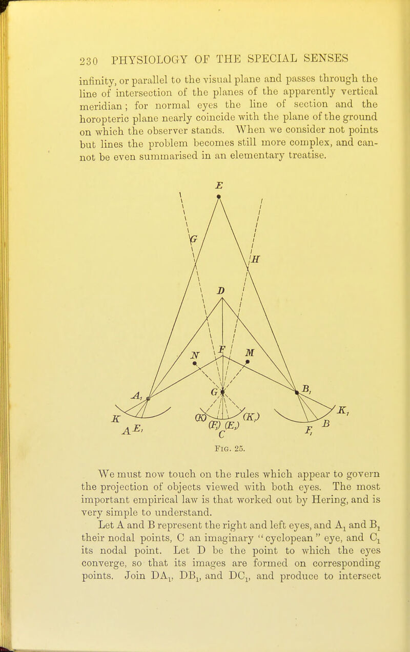 infinity, or parallel to the visual plane and passes through the line of intersection of the planes of the apparently vertical meridian; for normal eyes the line of section and the horopteric plane nearly coincide with the plane of the ground on which the observer stands. When we consider not points but lines the problem becomes still more complex, and can- not be even summarised in an elementary treatise. Fig. 25, We must now touch on the rules which appear to govern the projection of objects viewed with both eyes. The most important empirical law is that Avorked out by Hering, and is very simple to understand. Let A and B represent the right and left eyes, and A^ and Bj their nodal points, C an imaginary cyclopean eye, and Cj^ its nodal point. Let D be the point to which the eyes converge, so that its images are formed on corresponding points. Join DA^, DB^, and DC^, and produce to intersect