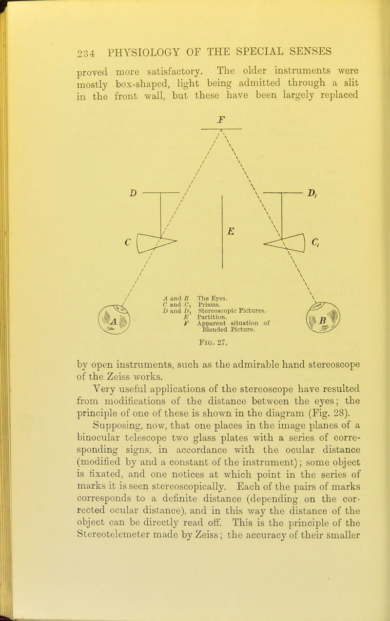 proved more satisfactory. The older instruments were mostly box-sliaped, light being admitted through a slit in the front wall, but these have been largely replaced F 7, / \ Fig. 27. by open instruments, such as the admirable hand stereoscope of the Zeiss works. Very useful applications of the stereoscope have resulted from modifications of the distance between the eyes; the principle of one of these is shown in the diagram (Fig. 28). Supposing, now, that one places in the image planes of a binocular telescope two glass plates with a series of corre- sponding signs, in accordance with the ocular distance (modified by and a constant of the instrument); some object is fixated, and one notices at which point in the series of marks it is seen stereoscopically. Each of the pairs of marks corresponds to a definite distance (depending on the cor- rected ocular distance), and in this way the distance of the object can be directly read off. This is the principle of the Stereotelemeter made by Zeiss; the accuracy of their smaller