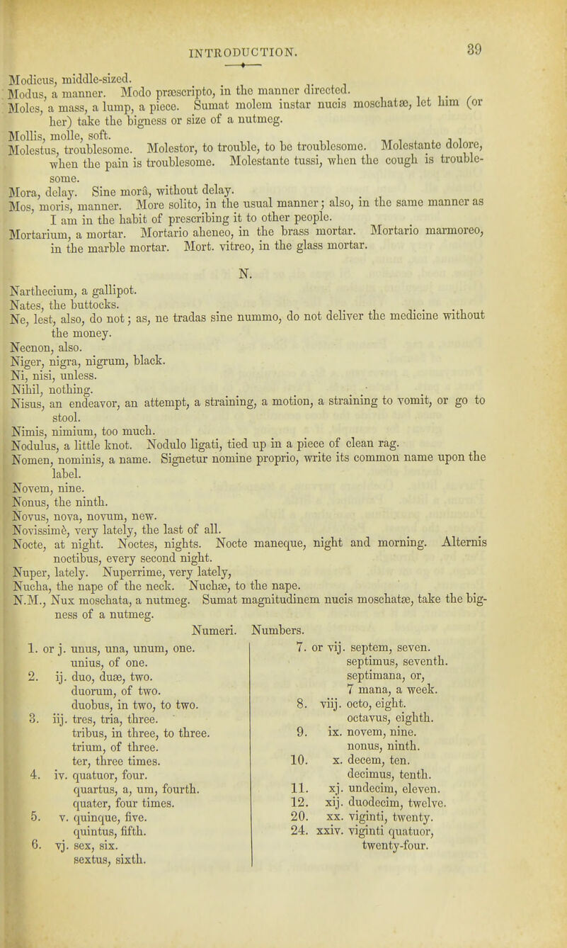 -♦- Modicus, middle-sized. Modus, a manner. Modo prgescripto, in the manner directed. it/ Moles, a mass, a lump, a piece. Sumat molem instar nucis moschatse, let liim (or her) take the bigness or size of a nutmeg. Mollis, molle, soft. T,Tii.i.ji Molestus, troublesome. Molester, to trouble, to be troublesome. Molestante dolore, when the pain is troublesome. Molestante tussi, when the cough is trouble- some. Jlora, delay. Sine mora, without delay. Mos moris, manner. More solito, in the usual manner; also, in the same manner as I am in the habit of prescribing it to other people. Mortarium, a mortar. Mortario aheneo, in the brass mortar. Mortario marmoreo, in the marble mortar. Mort. vitreo, in the glass mortar. N. Narthecium, a gallipot. Nates, the buttocks. Ne, lest, also, do not 3 as, ne tradas sine nummo, do not deliver the medicine without the money. Necnon, also. Niger, nigra, nigrum, black. Ni, nisi, unless. Nihil, nothing. Nisus, an endeavor, an attempt, a straining, a motion, a straining to vomit, or go to stool. Nimis, nimium, too much. Nodulus, a little knot. Nodulo ligati, tied up in a piece of clean rag. Nomen, nominis, a name. Signetur nomine proprio, write its common name upon the label. Novem, nine. Nonus, the ninth. Novus, nova, novum, new. Novissim^, very lately, the last of all. Nocte, at night. Noctes, nights. Nocte maneque, night and morning. Alternis noctibus, every second night. Nuper, lately. Nuperrime, very lately, Nucha, the nape of the neck. Nuchas, to the nape. N.M., Nux moschata, a nutmeg. Sumat magnitudinem nucis moschatse, take the big- ness of a nutmeg. Numeri. Numbers. 1. or j. unus, una, unum, one. unius, of one. 2. ij. duo, duge, two. duorum, of two. duobus, in two, to two. 3. iij. tres, tria, three. tribus, in three, to three, trium, of three, ter, three times. 4. iv. quatuor, four. quartus, a, um, fourth, quater, four times. 5. V. quinque, five, quintus, fifth. vj. sex, six. sextus, sixth. 6 7. or vij. septem, seven. Septimus, seventh, septimana, or, 7 mana, a week. 8. viij. octo, eight. octavus, eighth. 9. ix. novem, nine. nonus, ninth. 10. X. decern, ten. decimus, tenth. 11. xj. undecim, eleven. 12. xij. duodecim, twelve. 20. XX. viginti, twenty. 24. xxiv. viginti quatuor, twenty-four.