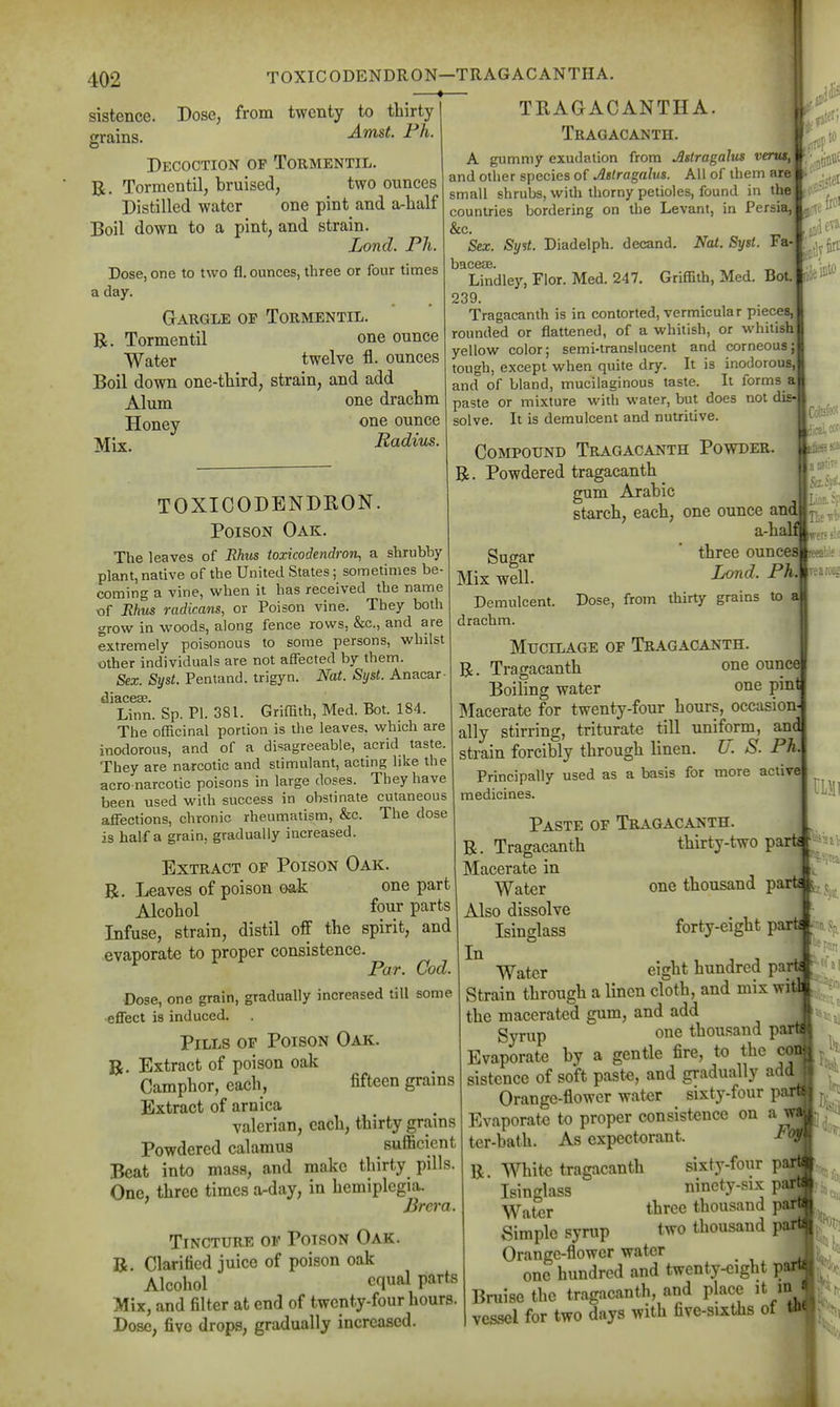!' 402 TOXICODENDRON—TRAGACANTHA sistence. Dose, from grains. twenty to thirty AmsL Fh. Decoction op Tormentil. R. Tormentil, bruised, two ounces Distilled water one pint and a-half Boil down to a pint, and strain. Lond. Ph. Dose, one to two fl. ounces, three or four times a day. Gargle op Tormentil. R. Tormentil one ounce Water twelve fl. ounces Boil down one-third, strain, and add A him one drachm Honey ounce lyjix. Radius. TRAaACANTHA. Tragacanth. TOXICODENDRON. Poison Oak. The leaves of Rhus toxicodendron, a shrubby plant,native of the United States; sonnetimes be- coming a vine, when it has received the name of Rhus radicans, or Poison vine. They both grow in woods, along fence rows, &c., and are extremely poisonous to some persons, whilst other individuals are not affected by them. Sex. Syst. Pentand. trigyn. Nat. Syst. Anacar- Linn. Sp. PI. 381. Griffith, Med. Bot. 184. The officinal portion is the leaves, which are inodorous, and of a disagreeable, acrid taste. They are narcotic and stimulant, acting hke the acro narcotic poisons in large doses. They have been used with success in obstinate cutaneous affections, chronic rheumatism, &c. The dose is half a grain, gradually increased. Extract op Poison Oak. R. Leaves of poison oak one part Alcohol four parts Infuse, strain, distil off the spirit, and -evaporate to proper consistence. Par. Cod. Dose, one grain, gradually increased till some effect is induced. . Pills op Poison Oak. R. Extract of poison oak Camphor, each, fifteen grains Extract of arnica valerian, each, thirty grains Powdered calamus sufficient Beat into mass, and make thirty pills. One, three times a-day, in hemiplegia. Brer a. Tincture op Poison Oak. R. Clarified juice of poison oak Alcohol equal parts Mix, and filter at end of twenty-four hours. Dose, five drops, gradually increased. A gummy exudation from .Astragalus vertu, and other species of Astragalus. All of them are small shrubs, with thorny petioles, found in tl countries bordering on the Levant, in Persi &c. Sex. Syst. Diadelph. decand. Nat. Syst. Ft Lindley, Flor. Med. 247. Griffith, Med. Bol 239. Tragacanth is in contorted, vermicular piecej rounded or flattened, of a whitish, or whitisl yellow color; semi-translucent and corneous, tough, except when quite dry. It is inodorour and of bland, mucilaginous taste. It formsj paste or mixture with water, but does not difi-j solve. It is demulcent and nutritive. Compound Tragacanth Powder R. Powdered tragacanth gum Arabic starch, each, one ounce an a-h three ounces Lond. Ph. Dose, from thirty grains to a Hp 10 'into Linn.: Sugar Mix well. Demulcent drachm. Mucilage op Tragacanth. R. Tragacanth one ounce Boiling water one pint lllacerate for twenty-four hours, occasion ally stirring, triturate till uniform, an( strain forcibly through linen. U. S. Ph, Principally used as a basis for more active medicines. Paste of Tragacanth R. Tragacanth Macerate in Water Also dissolve Isinglass In Water ^ Strain through a linen cloth, and mix witl the macerated gum, and add gyrup one thousand part Evaporate by a gentle fire, to the coi sistence of soft paste, and gradually add Orange-flower water sixty-four pari Evaporate to proper consistence on a wi ter-bath. As expectorant. Po^F R. White tragacanth sixty-four p Isinglass ninety-si.x par Water three thousand pai Simple syrup two thousand p Orange-flower water one hundred and twenty-eight p Bruise the tragacanth, and place it in vessel for two days with five-sixths ot * [reeablf thirty-two parb one thousand parts ^ forty-eight parti eight hundred parti ^4
