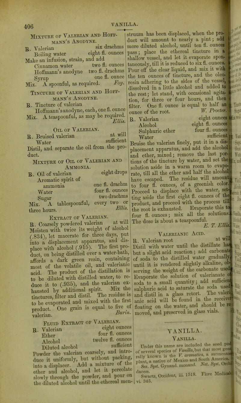 Mixture op Valerian and Hoff- mann's Anodyne. R. Valerian six drachms Boiling water eight fl. ounces Make an infusion, strain, and add Cinnamon water two fl. ounces Hoffmann's anodyne two fl. drachms gyrup one fl. ounce Mix. A spoonful, as required. Foi/. Tincture op Valerian and Hoff- mann's Anodyne. B. Tincture of valerian Hoffmann's anodyne, each, onefl. ounce Mix. A teaspoonful, as may be required. Ellis. Oil of Valerian. R. Bruised valerian at will Water sufficient Distil, and separate the oil from the pro- duct. Mixture of Oil of Valerian and Ammonia R. Oil of valerian Aromatic spirit of ammonia Water Sugar Mix. A tablespoonful, three hours. 1 eight drops one fl. drachm four fl. ounces two drachms every two or Ellis. Extract op Valerian. R. Coarsely powdered valerian at will Moisten with twice its weight of alcohol (.834), let macerate for three days, put into a displacement apparatus, and dis- place with alcohol (.915). The first pro- duct, on being distilled over a water-bath, affords a dark green resin, contammg most of the volatile oil, and valerianic acid. The product of the distillation is to be diluted with distilled water, to re- duce it to (.935), and the valerian ex- hausted by additional spirit. Mix the tinctures, filter and distil. The residue is struum has been displaced, when the pro- duct will amount to nearly a pint; add more diluted alcohol, until ten fl. ounces pass; place the ethereal tincture in a shallow vessel, and let it evaporate spon- taneously, till it is reduced to six fl. ounces, j Pour off the clear liquid, and mix it withj the ten ounces of tincture, and the olec resin adhering to the sides of the vessel dissolved in a little alcohol and added * the rest; let stand, with occasional agi tion, for three or four hours, and thei filter. One fl. ounce is equal to half ounce of the root. 1^ R. Valerian eight oun Alcohol eight fl. oun Sulphuric ether four fl. oun Water , sufficie; Bruise the valerian finely, put it in a placement apparatus, and add the alcohol and ether, mixed; remove the last por- tions of the tincture by water, and set tl solution aside in a warm room to evaj rate, till aU the ether and half the alcohol have escaped. The residue will amouni to four fi. ounces, of a greenish color. Proceed to displace with the water, set ting aside the first eight fl. ounces of the  product, and proceed with the process till the root is exhausted. Evaporate this to four fl. ounces; mix all the solutions The dose is about a teaspoonful. E. T. Ellis Valerianic Acid. R. Valerian root at wil Distil with water until the distillate hai but a slight acid reaction; add carbonate of soda to the distilled water gradually until it is rendered slightly alkaline, ob serving the weight of the carbonate uso( Evaporate the solution of valerianate soda to a small quantity; add sufficK sulphuric acid to saturate the soda usi and distil in a glass retort. The val^ h 5 -■^tltli tinptures filter and distu. xne resiuuu io ana uisui lu a gia.oo _ 0 be evaV^^^^^^^^ and mixed with the fii'st Lnic acid will be found m the recer to oe cvapui fl^„.;„„ nn t. ifi water, and should be product, valerian bnc grain is equal to five of Burin. B. Fluid Extract of Valerian. Valerian eight ounces Alcohol twelve fl. ounces Diluted alcohol sufficient Powder the valerian coarsely, and intro- duce it uniformly, but without packing, into a displaccr. Add a mixture of the ether and alcohol, and let it percolate slowly through the powder, and pour on the diluted alcohol until the ethereal men- floating on the water, and should be moved, and preserved in glass vials VANILLA. Vanilla. Under this name are included the seed po( of several species of FawWa,but that most gen rally known is the V. aromatica, a sarmento-- plam, a native of Mexico and South Anier,^ Sex. Syst. Gynand. monand. ^al. Syst. Orcb '''Swartz, Occident, iii. 1518. Flore Medicali 345. t<>t« VI
