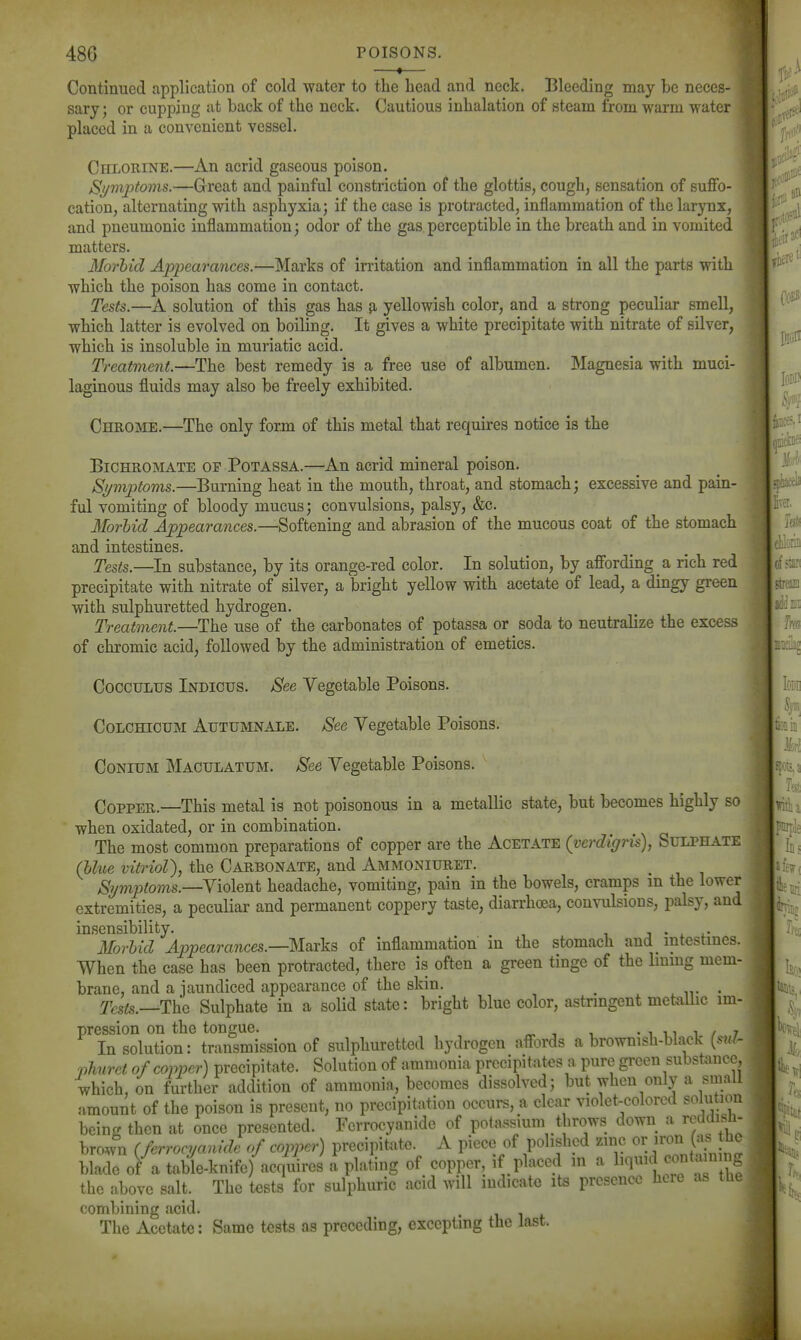 Continued application of cold water to the head and neck. Bleeding may be neces- sary; or cupping at back of the neck. Cautious inhalation of steam from warm water placed in a convenient vessel. Chlorine.—An acrid gaseous poison. Si/mptoms.—Great and painful constriction of the glottis, cough, sensation of suffo- cation, alternating with asphyxia; if the case is protracted, inflammation of the larynx, and pneumonic inflammation; odor of the gas perceptible in the breath and in vomited matters. MoThid Appearances.—Marks of irritation and inflammation in all the parts with which the poison has come in contact. Tests.—A solution of this gas has fi yellowish color, and a strong peculiar smell, which latter is evolved on boiling. It gives a white precipitate with nitrate of silver, which is insoluble in muriatic acid. Treatment.—The best remedy is a free use of albumen. Magnesia with muci- laginous fluids may also be freely exhibited. Chrome.—The only form of this metal that requires notice is the BiCHROiNiATE OP PoTASSA.—An acrid mineral poison. Symjitoms.—Burning heat in the mouth, throat, and stomach; excessive and pam- ful vomiting of bloody mucus; convulsions, palsy, &c. Morbid Appearances.—Softening and abrasion of the mucous coat of the stomach and intestines. Tests.—In substance, by its orange-red color. In solution, by affording a rich red precipitate with nitrate of silver, a bright yellow with acetate of lead, a dingy green with sulphuretted hydrogen. Treatment.—The use of the carbonates of potassa or soda to neutralize the excess of chromic acid, followed by the administration of emetics. CoccuLUS Indigus. See Vegetable Poisons. CoLCHicuM AuTUMNALE. /See Vegetable Poisons. CoNiUM Maculatum. See Vegetable Poisons. Copper.—This metal is not poisonous in a metallic state, but becomes highly so when oxidated, or in combination. The most common preparations of copper are the Acetate (verdigris), Sulphate (hhie vitriol), the Carbonate, and Ammoniuret. Sijmptoms.—Violent headache, vomiting, pain in the bowels, cramps m the lower extremities, a peculiar and permanent coppery taste, diarrhoea, convulsions, palsy, and insensibility. j • ^ i- Morbid Appearajices.—MiiYks of inflammation in the stomach and_ intestines. When the case has been protracted, there is often a green tinge of the lining mem- brane, and a jaundiced appearance of the skin. ^ . Tests.—The Sulphate in a solid state: bright blue color, astringent metallic im- pression on the tongue. • i n i / 7 In solution: transmission of sulphuretted hydrogen affords a brownish-black [su^- Vhurct of copper) precipitate. Solution of ammonia precipitates a pure green substance, which, on further addition of ammonia, becomes dissolved; but when only a small amount of the poison is present, no precipitation occurs, a clear violet-eolored solution beinc then at once presented. Fcrrocyanide of pota-ssium throws down a rodclish- brow°n (ferrocijanide of copper) precipitate A piece of polished zinc jro (as toe blade of a table-knife) acquires a plating of copper, if placed m a I'H^*^ the nbovc salt. The tests for sulphuric acid will indicate its presence here as th. combining acid. The Acetate: Same tests as preceding, excepting the last.