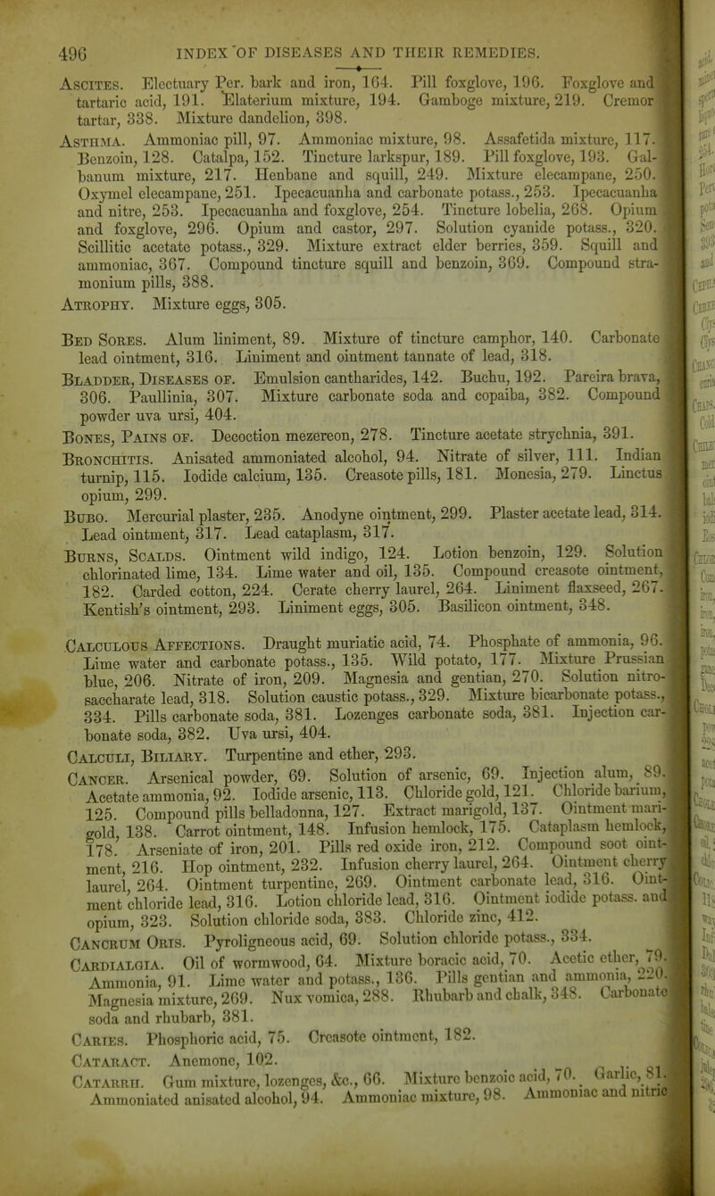 »— Ascites. Electuary Per. bark and iron, 164. Pill foxglove, 196. Foxglove and tartaric acid, 191. ^]laterium mixture, 194. Gamboge mixture, 219. Cremor tartar, 338. Mixture dandelion, 398. Asthma. Ammoniac pill, 97. Ammoniac mixture, 98. Assafetida mixture, 117. Benzoin, 128. Catalpa, 152. Tincture larkspur, 189. Pill foxglove, 193. Gal- banum mixture, 217. Henbane and squill, 249. Mixture elecampane, 250. Oxymel elecampane, 251. Ipecacuanha and carbonate potass., 253. Ipecacuanba and nitre, 253. Ipecacuanha and foxglove, 254. Tincture lobelia, 268. Opium and foxglove, 296. Opium and castor, 297. Solution cyanide potass., 320. Scillitic acetate potass., 329. Mixture extract elder berries, 359. Squill and ammoniac, 367. Compound tincture squill and benzoin, 369. Compound stra- monium pills, 388. Atrophy. Mixture eggs, 305. Bed Sores. Alum liniment, 89. Mixture of tincture camphor, 140. Carbonate lead ointment, 316. Liniment and ointment tannate of lead, 818. Bladder, Diseases op. Emulsion cantharides, 142. Buchu, 192. Pareira brava, 306. Paullinia, 307. Mixture carbonate soda and copaiba, 382. Compound powder uva ursi, 404. Bones, Pains of. Decoction mezereon, 278. Tincture acetate strychnia, 391. Bronchitis. Anisated ammoniated alcohol, 94. Nitrate of silver. 111. Indian turnip, 115. Iodide calcium, 135. Creasote pills, 181. Monesia, 279. Linctus opium, 299. Bubo. Mercurial plaster, 235. Anodyne ointment, 299. Plaster acetate lead, 314. Lead ointment, 317. Lead cataplasm, 317. Burns, Scalds. Ointment wild indigo, 124. Lotion benzoin, 129. Solution chlorinated lime, 134. Lime water and oil, 135. Compound creasote ointment. 182. Carded cotton, 224. Cerate cherry laurel, 264. Liniment flaxseed, 267. Kentish's ointment, 293. Liniment eggs, 305. Basilicon ointment, 348. Calculous Affections. Draught muriatic acid, 74. Phosphate of ammonia, 96. Lime water and carbonate potass., 135. Wild potato, 177. Mixture Prussian blue, 206. Nitrate of iron, 209. Magnesia and gentian, 270. Solution nitro- saccharate lead, 318. Solution caustic potass., 329. Mixture bicarbonate potas^.. 334. Pills carbonate soda, 381. Lozenges carbonate soda, 381. Injection car- bonate soda, 882. Uva ursi, 404. Calculi, Biliary. Turpentine and ether, 293. Cancer Arsenical powder, 69. Solution of arsenic, 69. Injection alum, ^0. Acetate ammonia, 92. Iodide arsenic, 113. Chloride gold, 121. Chloride bai-mm, 125. Compound pills belladonna, 127. Extract marigold, 137. Omtment man-j gold 138. Carrot ointment, 148. Infusion hemlock, 175. Cataplasm hemlock, 178' Arseniate of iron, 201. PHls red oxide iron, 212. Compound soot oint.. ment, 216. Hop ointment, 232. Infusion cherry laurel, 264. Omtment cherryj laurci 264. Ointment turpentine, 269. Ointment carbonate lead, 316. OmM ment chloride lead, 316. Lotion chloride lead, 316. Ointment iodide potass, and* opium, 323. Solution chloride soda, 383. Chloride zinc, 412. Cancrum Oris. Pyroligncous acid, 69. Solution chloride potass., 334. Cardialgta. Oil of wormwood, 64. Mixture boracic acid, 70. Acetic ether, 7 '• Ammonia, 91. Lime water and potass., 136. Pills gentian and ammoiiia .1. Magnesia mixture, 269. Nux vomica, 288. Rhubarb and chalk, o48. Carbon; i soda and rhubarb, 381. Caries. Phosphoric acid, 75. Creasote ointment, 182. Cataract. Anemone, 102. >- n r dt Catarrh. Gum mixture, lozenges, &c., 66. Mixture benzoic acid, 70. _ Garlic, 81. Ammoniated anisated alcohol, 94. Ammoniac mixture, 98. Ammoniac and nitric