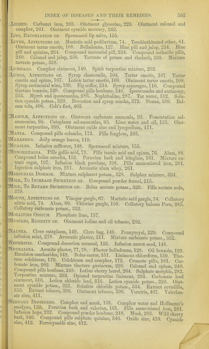 —♦— '. Lichen. Carburet iron, 203. Ointment glycerine, 223. Ointment calomel and camplior, 241. Ointment cyanide mercury, 242. Lirs, Excoriation of. Spermaceti lip salve, 155. Liver, Affections of. Muriatic acid pcdiluvium, 74. Terebintliinatcd ether, 81. Ointment tartar emetic, 108. Belladonna, 127. Blue pill and jalap, 234. Blue pill and quinine, 234. Compound mercux-ial pill, 234. Compound cathartic pills, 240. Calomel and jalap, 256. Tartrate of potass, and rhubarb, 338. Mixture tartrate potass., 338. !LuMBAG0. Camphor ointment, 140. Spirit turpentine mixture, 292. ]LuNGS, Affections of. Syrup chamomile, 104. Tartar emetic, 107. Tartar emetic and opium, 107. Lotion tartar emetic, 108. Ointment tartar emetic, 108. Syi-up antimonial wine, 109. Fig cofiee, 214. Syrup asparagus, 116. Compound tinctui-e benzoin, 129. Compound pills henbane, 248. Ipecacuanha and antimony, 253. Myrrh and ipecacuanha, 286. Naphthaline, 287. Tar water, 312. Solu- tion cyanide potass., 320. Decoction and syrup seneka, 372. Storax, 389. Bal- sam tolu, 400. Colt's foot, 403. ]MAMMiE, Affections of. Ointment carbonate ammonia, 93. Fomentation sal- ammoniac, 95. Cataplasm sal-ammoniac, 95. Lime water and oil, 135. Oint- ment turpentine, 399. Ointment oxide zinc and lycopodium, 411. :Mania. Compound pills columbo, 173. Pills foxglove, 193. Marasmus. Jelly orange leaves, 119. Measles. Infusion safflower, 148. Spermaceti mixture, 155. Menorrhagia. Pills gallic acid, 71. Pills tannic acid and opium, 76. Alum, 88. Compound bolus catechu, 152. Peruvian bark and isinglass, 161. Mixture ex- tract ergot, 197. Infusion black purslane, 198. Pills ammoniated iron, 201. Injection sulphate iron, 211. Aromatic alum whey, 261. Mercurial Disease. Mixture sulphuret potass., 328. Sulphur mixture, 394. Milk, To Increase Secretion of. Compound powder fennel, 215. Milk, To Eetard Secretion op. Bolus acetate potass., 329. Pills acetate soda, 379. ' Mouth, Affections of. Vinegar gargle, 67. Muriatic acid gargle, 74. Collutory nitric acid, 74. Alum, 89. Chlorine gargle, 158. Collutory balsam Peru, 285. Collutory carbonate potass., 332. Mollities Ossium. Phosphate lime, 137. 'Muscles, Rigidity of. Ointment iodine and oil tobacco, 252. Wausea. Clove cataplasm, 149. Clove bag, 149. Pennyroyal, 229. Compound infusion mint, 278. Aromatic plaster, 311. Mixture carbonate potass., 332. -Nephritis. Compound decoction oatmeal, 123. Infusion carrot seed, 148. -Weuralgia. Aconite plaster, 77, 78. Plaster belladonna, 128. Oil benzoin, 129. Emulsion cantharides, 142. Bolus castor, 151. Liniment chloroform, 159. Tinc- ture colchicum, 170. Colchicum and camphor, 172. Creasote pills, 181. Car- bonate iron, 202. Mixture tincture guaiacum, 228. Calomel and opium, 240. Compound pills henbane, 248. Lotion cherry laurel, 264. Sulphate morphia, 282. Turpentine mixture, 292. Opiated turpentine liniment, 293. Carbonate lead ointment, 316. Lotion chloride lead, 316. Lotion cyanide potass., 320. Oint- ment cyanide potass., 321. Solution chloride potass., 334. Extract cevadilla, o55._ Extract tobacco, 396. Ointment tobacco, 396. Yeratria, 407. Valerian- ate zinc, 411. NXervous Disorders. Camphor and musk, 138. Camphor water and Hoffmann's anodyne, 139. Peruvian bark and valerian, 161. Pills ammoniated iron, 201 Infusion hops, 232. Compound powder henbane, 248. Musk, 283. Wild cherry bark, 340. Compound pills sulphate quinine, 346. Oxide zinc, 410. Cyanide zinc, 412. Ferrocyanide zinc, 412. .