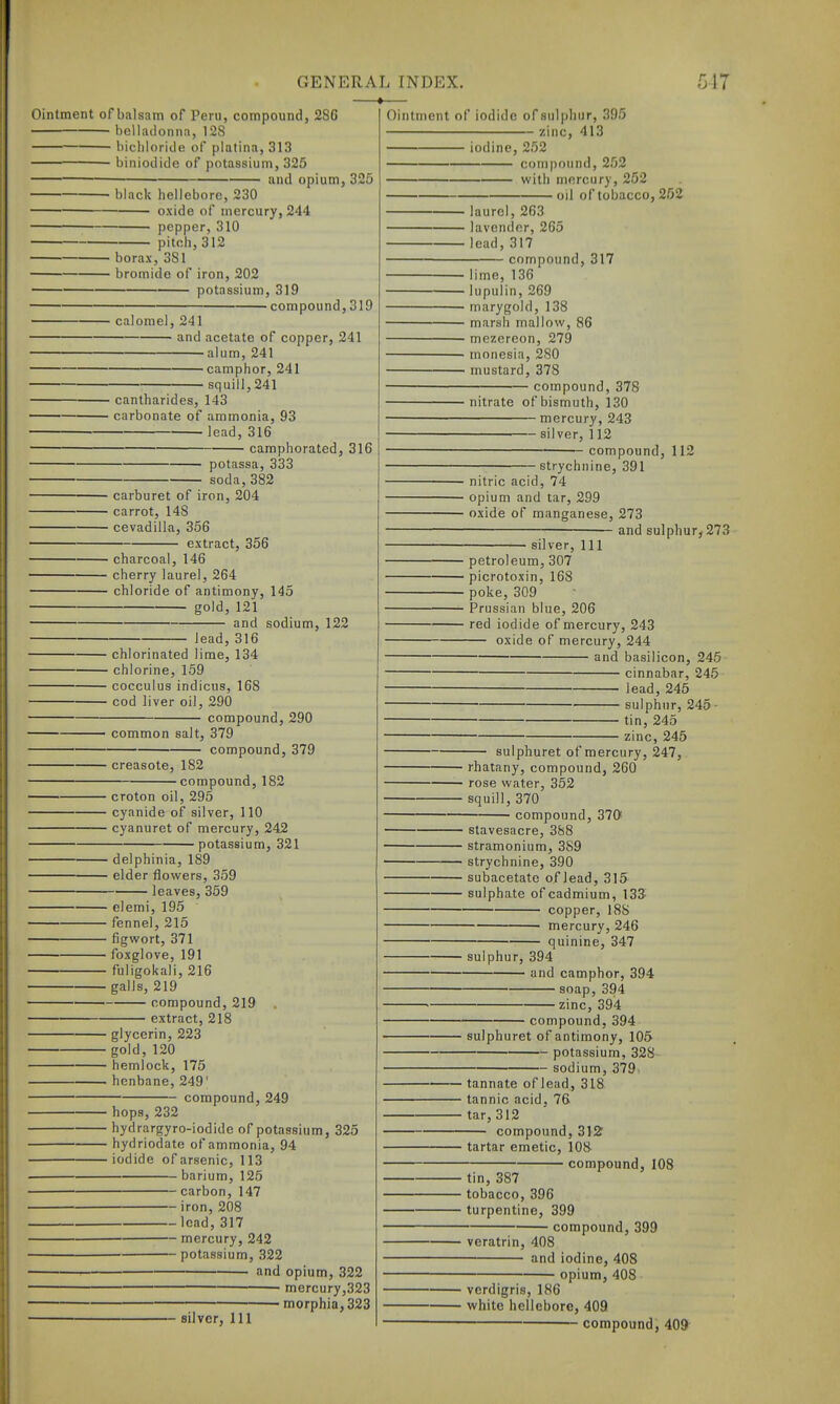 Ointment of balsam of Peru, compound, 286 belladonna, 128 bicliloriile of platina, 313 biniodide of potassium, 325 ■ and opium, 325 black hellebore, 230 oxide of mercury, 244 ■ pepper, 310 pitch, 312 borax, 381 bromide of iron, 202 potassium, 319 compound, 319 calomel, 241 and acetate of copper, alum, 241 camphor, 241 squill, 241 241 ■ cantharides, 143 carbonate of ammonia, 93 lead, 316 camphorated, 316 potassa, 333 soda,382 carburet of iron, 204 carrot, 148 cevadilla, 356 extract, 356 charcoal, 146 cherry laurel, 264 chloride of antimony. gold, 12l' and lead, 316 145 sodium, 122 chlorinated lime, 134 • chlorine, 159 cocculus indicus, 168 ■ cod liver oil, 290 compound, 290 common salt, 379 compound, 379 creasote, 182 compound, 182 croton oil, 295 cyanide of silver, 110 cyanuret of mercury, 242 potassium, 321 Ointment of iodide ofsulpliur, 395 zinc, 413 delphinia, 189 elder flowers, 359 leaves, 359 ■ elemi, 195 fennel, 215 figwort, 371 foxglove, 191 fuligokali, 216 galls, 219 compound, 219 extract, 218 glycerin, 223 gold, 120 hemlock, 175 henbane,249' compound, 249 hops, 232 hydrargyro-iodide of potassium, 325 • hydriodate of ammonia, 94 ■ iodide of arsenic, 113 barium, 125 carbon, 147 iron, 208 lead, 317 mercury, 242 potassium, 322 and opium, 322 mercury,323 morphia, 323 silver. 111 iodine, 252 compound, 252 with mercury, 252 oil of tobacco, 262 laurel, 263 lavender, 265 lead, 317 compound, 317 lime, 136 lupulin, 269 marygold, 138 marsh mallow, 86 mezereon, 279 monesia, 280 mustard, 378 compound, 378 nitrate of bismuth, 130 • mercury, 243 ■ silver, 112 compound, 112 strychnine, 391 nitric acid, 74 opium and tar, 299 oxide of manganese, 273 and sulphur, 273 silver. 111 petroleum, 307 picrotoxin, 168 poke, 309 Prussian blue, 206 red iodide of mercury, 243 oxide of mercury, 244 and basilicon, 245 cinnabar, 246 lead, 245 sulphur, 245 ■ tin, 245 245 zmc, sulphuret of mercury, 247, rhatany, compound, 260 rose water, 352 squill, 370 compound, 370' ■ stavesacre, 388 stramonium, 389 strychnine, 390 subacetate of lead, 315 sulphate of cadmium, 133 copper, 188 mercury, 246 quinine, 347 sulphur, 394 and camphor, 394 • soap, 394 zinc, 394 compound, 394 sulphuret of antimony, 105 potassium, 328 sodium, 379. tannate of lead, 318 tannic acid, 76 tar, 312 compound, 312 tartar emetic, 108 compound, 108 tin, 387 tobacco, 396 turpentine, 399 compound, 399 veratrin, 408 and iodine, 408 opium, 408 verdigris, 186 white hellebore, 409 compound, 409