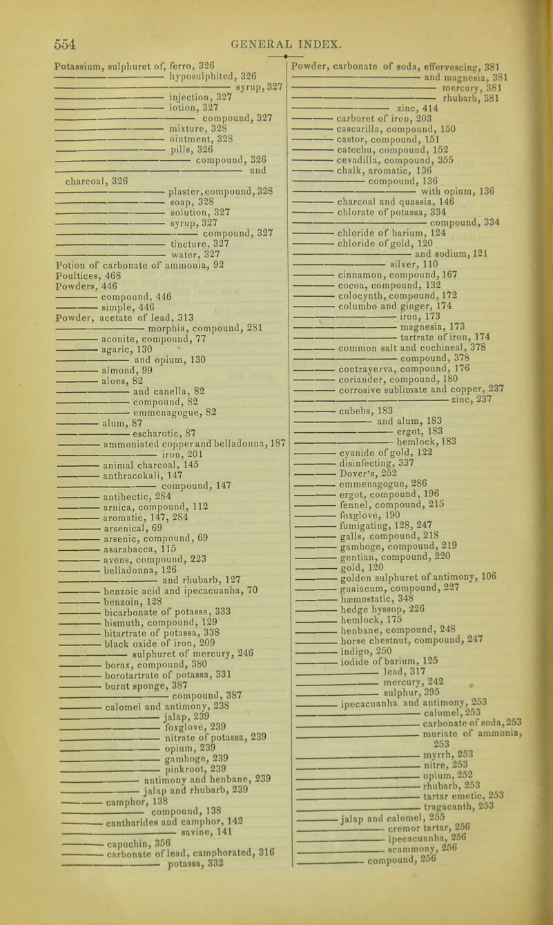 —•— Potassium, sulpliuret of, Terro, 326 liyposulphited, 326 syrup,327 injection, 327 lotion, 327 compound, 327 mixture, 328 ointment, 328 pills, 326 compound, 326 and charcoal, 326 plaster, compound, 328 soap, 328 solution, 327 syrup. 327 compound, 327 tincture, 327 water, 327 Powder, carbonate of soda, effervescing, 381 and magnesia, 381 mercury, 381 rhubarb, 381 Potion of carbonate of ammonia, 92 Poultices, 468 Powders, 446 compound, 446 simple, 446 Powder, acetate of lead, 313 morphia, compound, 281 aconite, compound, 77 agaric, 130 and opium, 130 almond, 99 aloes, 82 and canella, 82 compound, 82 emmenagogue, 82 alum, 87 ■ escharotic, 87 ammoniated copper and belladonna, 187 iron, 201 animal charcoal, 145 anthracokali, 147 compound, 147 antihectic, 284 arnica, compound, 112 aromatic, 147, 284 • arsenical, 69 ■ arsenic, compound, 69 ■ asarabacca, 115 avens, compound, 223 belladonna, 126 and rhubarb, 127 benzoic acid and ipecacuanha, 70 benzoin, 128 bicarbonate of potassa, 333 bismuth, compound, 129 bitartrate of potassa, 338 black oxide of iron, 209 sulphuret of mercury, 246 • borax, compound, 380 borotartrate of potassa, 331 ■ burnt sponge, 387 compound, 387 calomel and antimony, 238 jalap, 239 foxglove, 239 nitrate of potassa, 239 opium, 239 gamboge, 239 pinkroot, 239 antimony and henbane, jalap and rhubarb, 239 239 camphor, 138 compound, 138 cantharides and camphor, 142 savine, 141 capuchin, 356 carbonate of lead, camphorated, 316 potassa, 332 414 carburet of iron, 203 cascarilla, compound, 150 castor, compound, 151 • catechu, compound, 152 cevadilla, compound, 355 chalk, aromatic, 136 compound, 136 with opium, 136 ■ charcoal and quassia, 146 ■ chlorate of potassa, 334 compound, 334 chloride of barium, 124 chloride of gold, 120 and sodium, 121 silver, 110 cinnamon, compound, 167 cocoa, compound, 132 colocynth, compound, 172 columbo and ginger, 174 iron, 173 magnesia. 173 tartrate of iron, 174 common salt and cochineal, 378 compound, 378 contrayerva, compound, 176 coriander, compound, 180 corrosive sublimate and copper, 237 zinc, 237 cubebs, 183 and alum, 183 ergot, 183 hemlock,183 cyanide of gold, 122 disinfecting, 337 ■ Dover's, 252 emmenagogue, 286 ergot, compound, 196 fennel, compound, 215 ■ foxglove, 190 ■ fumigating, 128, 247 ■ galls, compound, 218 • gamboge, compound, 219 • gentian, compound, 220 ■ gold, 120 ■ golden sulphuret of antimony, • guaiacum, compound, 227 • hsemostatic, 34S ■ hedge hyssop, 226 .hemlock,175 . henbane, compound, 248 . horse chestnut, compound ■ indigo, 250 - iodide of barium, 125 106 247 lead, 317 mercury, 242 sulphur, 395 ipecacuanha and antimony, 253 — calomel, 253 carbonate of soda, 253 . muriate of ammonia, 253 myrrh, 253 nitre, 253 opium, 252 rhubarb, 253 tartar emetic, 253 trapacanth, 253 ■jalap and calomel, 255 . crcmor tartar, 256 ipecacuanha, 256 scammony, 256 compound, 256