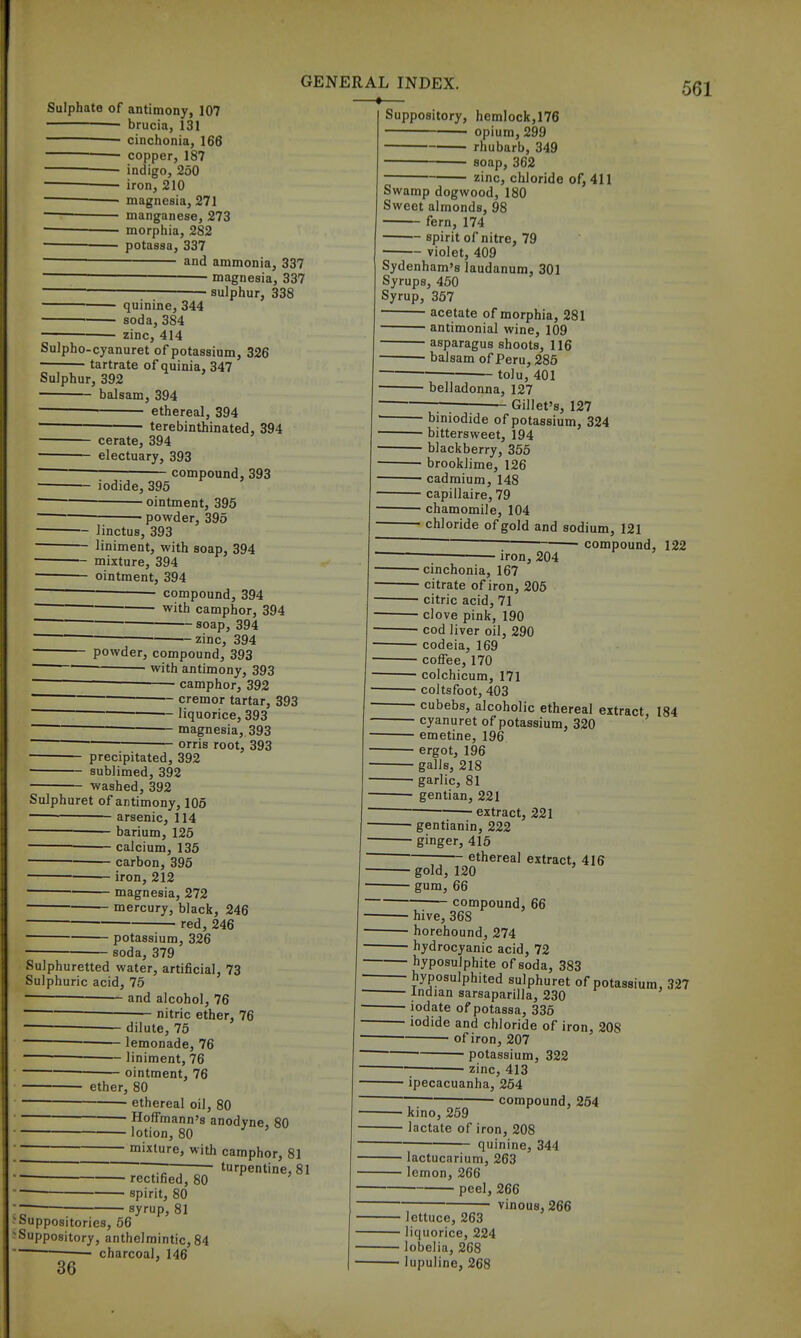 Sulphate of antimony, 107 brucia, 131 ■ cinchonia, 166 copper, 187 indigo, 250 iron, 210 magnesia, 271 manganese, 273 morphia, 282 ' potassa, 337 ■ and ammonia, 337 — magnesia, 337 • sulphur, 338 561 quinine, 344 soda, 384 zinc, 414 Sulpho-cyanuret of potassium, 326 tartrate of quinia, 347 Sulphur, 392 balsam , 394 — ethereal, 394 terebinthinated, 394 ■ cerate, 394 ■ electuary, 393 compound, 393 • iodide, 395 ointment, 395 • powder, 395 linctus, 393 liniment, with soap, 394 mixture, 394 ointment, 394 compound, 394 with camphor, 394 ■— soap, 394 zinc, 394 powder, compound, 393 with antimony, 393 ■ camphor, 392 precipitated, 392 sublimed, 392 washed, 392 ~ cremor tartar, 393 — liquorice, 393 - magnesia, 393 orris root, 393 Sulphuret of antimony, 105 arsenic, 114 barium, 125 ■ calcium, 135 carbon, 395 iron, 212 magnesia, 272 mercury, black, 246 red, 246 potassium, 326 soda, 379 Sulphuretted water, artificial, 73 Sulphuric acid, 75 • and alcohol, 76 nitric ether, 76 ■ dilute, 75 lemonade, 76 • liniment, 76 ointment, 76 ether, 80 • ethereal oil, 80 • Hoffmann's anodyne. 80 lotion, 80 ■■ mixture, with camphor, 81 turpentine, 81 rectified, 80 spirit, 80 ; syrup, 81 suppositories, 66 'Suppository, anthelmintic, 84 ■—• ■ charcoal, 146 36 Suppository, hemlock,176 opium, 299 rhubarb, 349 soap, 362 zinc, chloride of, 411 Swamp dogwood, 180 Sweet almonds, 98 fern, 174 spirit of nitre, 79 violet, 409 Sydenham's laudanum, 301 Syrups, 450 Syrup, 367 acetate of morphia, 281 ■ antimonial wine, 109 asparagus shoots, 116 balsam of Peru, 286 tolu, 401 - belladonna, 127 ——; Gillet's, 127 - bmiodide of potassium, 324 - bittersweet, 194 • blackberry, 356 ■ brookJime, 126 • cadmium, 148 ■ capillaire, 79 ■ chamomile, 104 ' chloride of gold and sodium, 121 compound. ,204 122 iron, — cinchonia, 167 — citrate of iron, 205 — citric acid, 71 — clove pink, 190 — cod liver oil, 290 — codeia, 169 — cofiee,170 — colchicum, 171 — coltsfoot, 403 — cubebs, alcoholic ethereal extract, 184 — cyanuret of potassium, 320 — emetine, 196 — ergot, 196 — galls, 218 — garlic, 81 — gentian, 221 extract, 221 — gentianin, 222 — ginger, 415 ethereal extract, 416 — gold, 120 — gum, 66 compound, 66 — hive, 368 — horehound, 274 — hydrocyanic acid, 72 — hyposulphite of soda, 383 — hyposulphited sulphuret of potassium, 327 — Indian sarsaparilla, 230 — lodate of potassa, 335 — iodide and chloride of iron, 208 of iron, 207 potassium, 322 ■- ■ zinc, 413 ■ ipecacuanha, 254 compound, 254 ■ kino, 259 ■ lactate of iron, 208 • quinine, 344 lactucarium, 263 lemon, 266 peel, 266 vinous, 266 • lettuce, 263 • liquorice, 224 • lobelia, 268 • lupuline, 268