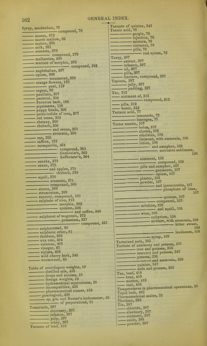 Syrup, maidenhair, 79 . compound, 79 ■ manna, 273 ■ marsli mallow, 86 ■ matico, 275 . milk, 261 — monesia, 279 compound, 279 GENERAL INDEX. ¥ mulberries, 280 muriate of morphia, 282 compound, 282 naphthaline, 287 opium, 299 - succinated, 299 orange flowers, 120 peel, 119 Tannate of quinine, 347 Tannic acid, 76 — gargle, 76 — injection, 76 ■— mixture, 76 ointment, 76 • pillB, 76 — and opium, 76 orgeat, 99 paullinia, 307 pectoral, 306 Peruvian bark, 166 pipsissewa, 158 poppy heads, 306 proto-iodide of iron, 207 red roses, 353 rhatany, 260 rhubarb, 350 . and senna, 350 aromatic, 350 Tansy, 397 extract, 397 infusion, 297 oil, 397 pills, 397 tincture, compound, 397 Tapioca, 397 —1 jelly, 397 pudding, 397 Tar, 312 ointment of, 312 , compound, 312 pills, 312 water, 312 Tartaric acid, 77 lemonade, 77 , — lozenges, 77 Tartar emetic, 107 ■ bolus, 107 rue, 355 • safi'ron, 183 • sarsaparilla, 364 . compound, 364 . Gesnouin's, 365 Laffecteur's, 364 seneka, 372 • senna, 375 • and apples, 375 rhubarb, 375 ■ squill, 370 aromatic, 371 • compound, 368 storax, 389 stramonium, 389 succory, compound, 160 sulphate of iron, 212 morphia, 283 quinine, 346 and coffee, 346 sulphuret of magnesia, 272 potassium, 327 — compound, 327 sulphuretted, 95 • sulphuric ether, 81 • thridace, 262 - uva ursi, 404 - valerian, 405 - vinegar, 67 - violets, 409 - wild cherry bark, 340 - wormwood, 65 Table of avoirdupois weights, 10 distilled oils, 458 -— drops and minims, 18 foreign weights, 14 hydrometrical equivalents, 28 _—— incompatiblcs, 422 pharmaceutical names, 433 posological, 426 gp. grs. and Baum^'s hydrometer, 25 . of preparations, 31 Tamarinds, 397 electuary, 397 infusion, 397 pulp, 397 whey, 397 Tannate of lead, 318 clyster, 108 emulsion, 108 liniment, with ammonia, 108 lotion, 108 and camphor, 108 corrosive sublimate, 108 ointment, 108 compound, 108 pills and camphor, 107 guaiacum, 107 opium, 107 ■ plaster, 108 . powder, 107 and ipecacuanha, 107 . phosphate of lime, 107 ■ quinine, 107 — y compound, 107 . solution, 108 and squill, 108 ■ wine,108 coUyrium, 108 mixture, with ammonia, 109 bitter sweet, 109 .. . laudanum, 109 • syrup, 109 Tartarized soda, 385 Tartrate of antimony and potassa, 107 iron and potassa, 212 ^— mercury and potassa, 247 , potassa, 338 and ammonia, daa ■ quinine, 347 . soda and potassa, 385 Tea, beef, 418 bran, 419 mutton, 418 veal, 418 . . no Temperatures in pharmaceutical operations, 2^ Tepid bath, 463 Thermomclrical scales, 32 Thridace, 262 Tin, 387 chloride, 387 electuary, 387 ointment, 387 oxide, 388 , powder, 387