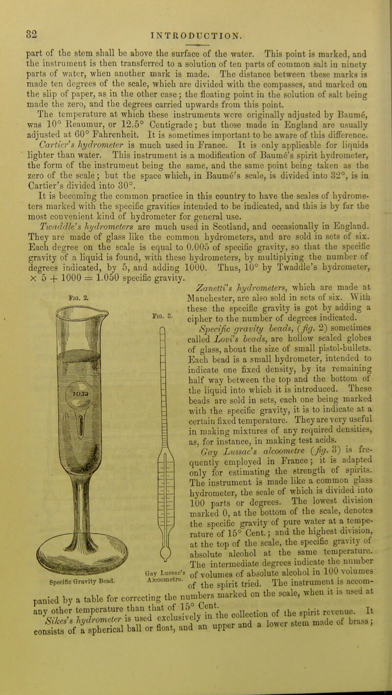 Fig. 3. part of the stem shall be above the surface of the water. This point is marked, and the instrument is then transferred to a solution of ten parts of common salt in ninety parts of water, when another mark is made. The distance between these marks is made ten degrees of the scale, which are divided with the compasses, and marked on the slip of paper, as in the other case; the floating point iu the solution of salt being made the zero, and the degrees carried upwards from this point. The temperature at which these instruments were originally adjusted by Bauni6, was 10° Keaumur, or 12.5° Centigrade; but those made in England are usually adjusted at 60° Fahrenheit. It is sometimes important to be aware of this difference. Cartier's hydrometer is much used in France. It is only applicable for liquids lighter than water. This instrument is a modification of Baum6's spirit hydrometer, the form of the instrument being the same, and the same point being taken as the zero of the scale; but the space which, in Baume's scale, is divided into 32°, is in Cartier's divided into 30°. It is becoming the common practice in this country to have the scales of hydrome- ters marked with the specific gravities intended to be indicated, and this is by far the most convenient kind of hydrometer for general use. Twaddle's hydrometers are much used in Scotland, and occasionally in England. They are made of glass like the common hydrometers, and are sold in sets of six. Each degree on the scale is equal to 0.005 of specific gravity, so that the specific gravity of a liquid is found, with these hydrometers, by multiplying the number of degrees indicated, by 5, and adding lOOO. Thus, 10° by Twaddle's hydrometer, X 5 + 1000 = 1.050 specific gravity. Zanctti's hydrometers, which are made at Manchester, are also sold in sets of six. With these the specific gravity is got by adding a cipher to the number of degrees indicated. Specific gravity heads, (fig. 2) sometimes called Levi's beads, are hollow sealed globes of glass, about the size of small pistol-bullets. Each bead is a small hydrometer, intended to indicate one fixed density, by its remaining half way between the top and the bottom of the liquid into which it is introduced. These beads are sold in sets, each one being marked with the specific gravity, it is to indicate at a certain fixed temperature. They are very useful in making mixtures of any required densities, as, for instance, in making test acids. Gay Lussac's akoometre (fig-^) is fre- quently employed in France; it is adapted only for estimating the strength of spirits. The instrument is made like a common glass hydrometer, the scale of which is divided into 100 parts or degrees. The lowest division marked 0, at the bottom of the scale, denotes the specific gravity of pure water at a tempe- rature of 15° Cent.; and the highest division, at the top of the scale, the specific gravity ot absolute alcohol at the same temperature. The intermediate degrees indicate the number Gay LuPsac'B yoluuies of absolute alcohol in 100 volumes Aicoouiotre. ^^.^.^ ^^.^^ rj>^^^ instrument is accom- panied by a table for correcting the numbers marked on the scale, when it is used at any other temperature than that ot 1^° collection of the spirit revenue. It e„iSfi^tpSUt LtS'^ut-a a .o.er .1 .»dc of .... Specific QraTity Bend.