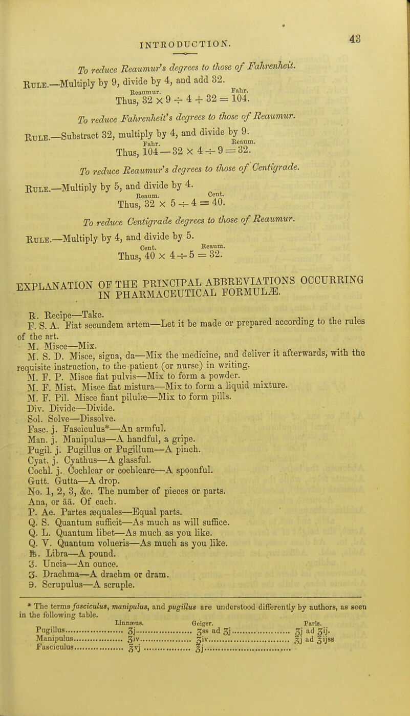 To reduce Reaumur's degrees to those of Fahrenheit. EuLE.—Multiply by 9, divide by 4, and add 32. Beaumur. Fahr. Thus, 32 X 9-i- 4 + 32 = 104. To reduce Fahrenheit's degrees to those of Reaumur. Rule.—Substract 32, multiply by 4, and divide by 9. Fahr. ^ ^ Keaj^m. Thus, 104 — 32 X 4 9 = 32. To reduce Reaumur's degrees to those of Centigrade. BULE.—Multiply by 5, and divide by 4. Reaum. Cent. Thus, 32 X 5 4 = 40. To reduce Centigrade degrees to those of Reaumur. EuLE.—Multiply by 4, and divide by 5. Cent. Keaum. Thus, 40 X 4-V-5 = 32. EXPLANATION OF THE PRINCIPAL ABBREVIATIONS OCCURRING EXPLAIN AilUiN ^g.^j^j^^(.EUTICAL FORMULA. R. Recipe—Take. j- ^ .t, ^ F. S. A. Fiat secundem artem—Let it be made or prepared according to the rules of the art. M. Misce—Mix. . M. S. D. Misce, signa, da—Mix the medicine, and deliver it afterwards, with the requisite instruction, to the patient (or nurse) in writing. M. F. P. Misce fiat pulvis—Mix to form a powder. M. F. Mist. Misce fiat mistura—Mix to form a liquid mixture. M. F. Pil. Misce fiant pilulee—Mix to form pills. Div. Divide—Divide. Sol. Solve—Dissolve. Fasc. j. Fasciculus*—An armful. Man. j. Manipulus—A handful, a gripe. Pugil. j. Pugillus or Pugillum—A pinch. Cyat. j. Cyathus—A glassful. Cochl. j. Cochlear or cochleare—A spoonful. Gutt. Gutta—A drop. No. 1, 2, 3, &c. The number of pieces or parts. Ana, or aa. Of each. P. Ae. Partes sequales—Equal parts. Q. S. Quantum sufficit—As much as will suflace. Q. L. Quantum libet—As much as you like. Q. V. Quantum volueris—As much as you like. . Jfe. Libra—A pound. 3. Uncia—An ounce. 3. Drachma—A drachm or dram. 9. Scrupulus—A scruple. * The iexma fasciculus, manipulus, and pugillus are understood differently by authors, as seen in the following table. Unnteus. Gelgor. Paris. Pugillus 3j .^ss ad 3j g ad gij. Manipulus 3iv giv gj ad gijss Fasciculus ^^vj gj