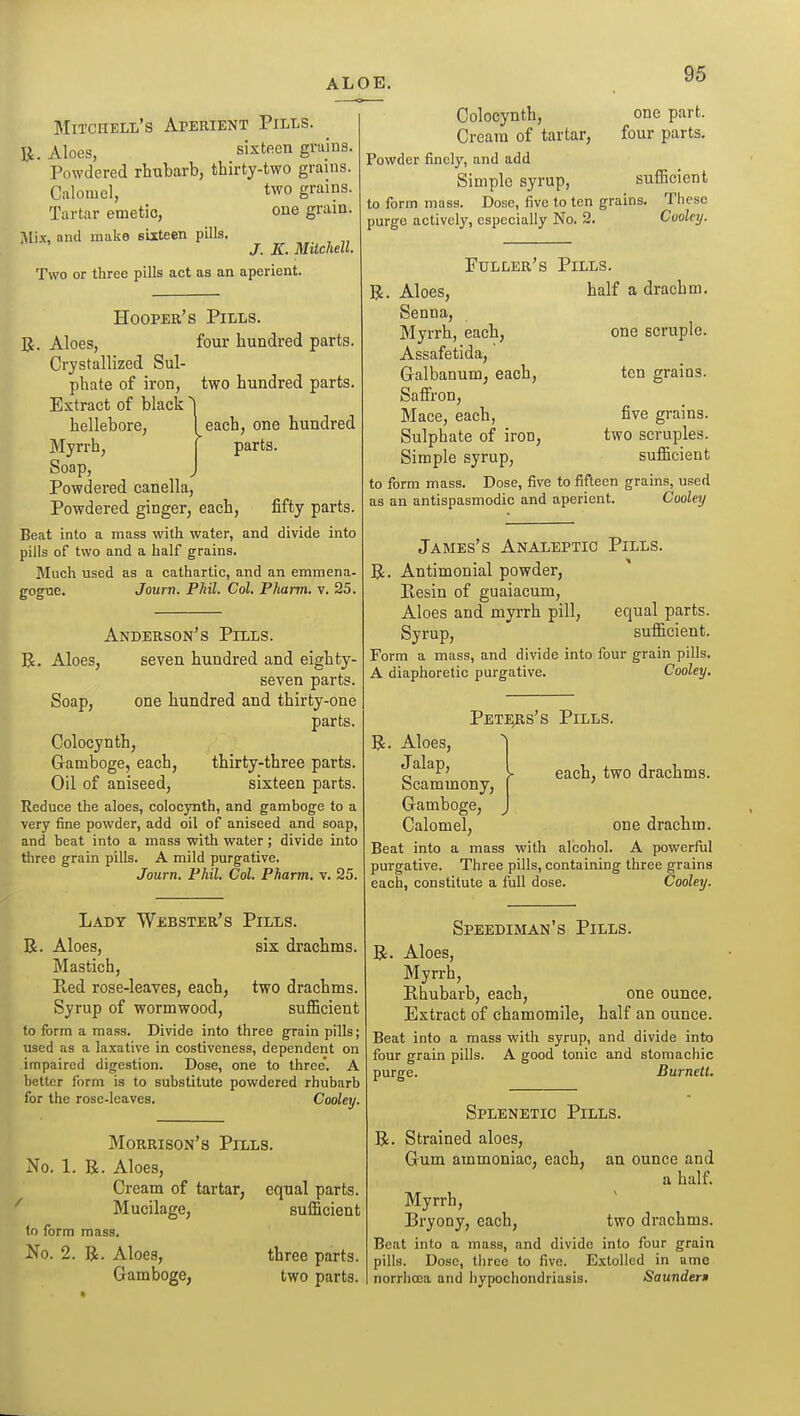 Mitchell's Aperient Pills. Aloes, sixteen grains. Powdered rhubarb, thirty-two grains. Calomel, two grains. Tartar emetio, one gram. Mis, and make sixteen pills. J. K. Miichell. Two or three pills act as an aperient. Hooper's Pills. R. Aloes, four hundred parts. Crystallized Sul- phate of iron, two hundred parts. Extract of black each, one hundred parts. hellebore, Myrrh, Soap, Powdered canella, Powdered ginger, each, fifty parts. Beat into a mass with water, and divide into pills of two and a half grains. Much used as a cathartic, and an emmena- gogue. Journ. Phil. Col. Pharm. v. 25. R Anderson's Pills. Aloes, seven hundred and eighty- seven parts. Soap, one hundred and thirty-one parts. Colocynth, Gamboge, each, thirty-three parts. Oil of aniseed, sixteen parts. Reduce the aloes, colocjmth, and gamboge to a very fine powder, add oil of aniseed and soap, and beat into a mass with water; divide into three grain pills. A mild purgative. Journ. Phil. Col. Pharm, v. 25. R Lady Webster's Pills. Aloes, six drachms. Mastich, Red rose-leaves, each, two drachms. Syrup of wormwood, sufBcient to form a mass. Divide into three grain pills; used as a laxative in costiveness, dependent on impaired digestion. Dose, one to three*. A bettor form is to substitute powdered rhubarb for the rose-leaves. Cooler/. Morrison's Pills. No. 1. R. Aloes, Cream of tartar, equal parts. Mucilage, suiScient Colocynth, Cream of tartar, Powder finely, and add Simple syrup, to form mass. Dose, five to ten grains, purge actively, especially No. 2. one part, four parts. sufficient These Coolcy. to form mass. No. 2. R. Aloes, Gamboge, three parts, two parts. Fuller's Pills. R. Aloes, half a drachm. Senna, Myrrh, each, Assafetida, Galbanum, each. Saffron, Mace, each, Sulphate of iron, Simple syrup, to form mass. Dose, five to fifteen grains, used as an antispasmodic and aperient. Cooley one scruple. ten grains. five grains, two scruples, sufficient James's Analeptic Pills. R. Antimonial powder, Kesin of guaiacum, Aloes and myrrh pill, equal parts. Syrup, sufficient. Form a mass, and divide into four grain pills. A diaphoretic purgative. Cooley. each, two drachms. Peters's Pills. R. Aloes, Jalap, Scammony, Gamboge, Calomel, one drachm. Beat into a mass with alcohol. A powerfiil purgative. Three pills, containing three grains each, constitute a full dose. Cooley. Speediman's Pills. R. Aloes, Myrrh, Rhubarb, each, one ounce. Extract of chamomile, half an ounce. Beat into a mass with syrup, and divide into four grain pills. A good tonic and stomachic purge. Burnett. Splenetic Pills R. Strained aloes. Gum ammoniac, each, an ounce and a half. Myrrh, Bryony, each, two drachms. Beat into a mass, and divide into four grain pills. Dose, three to five. Extolled in nmc norrhoea and hypochondriasis. Sounder*