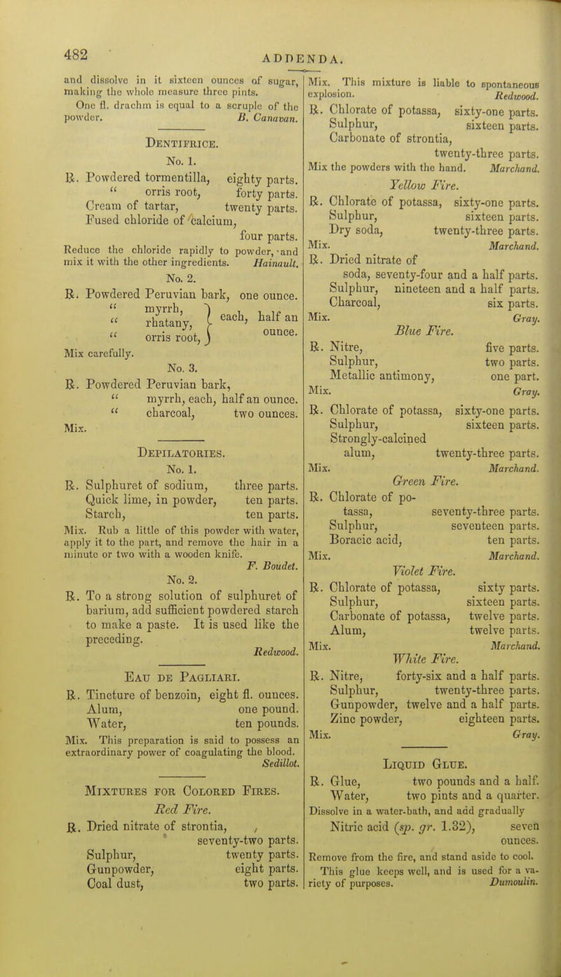 and dissolve in it sixteen ounces of sugar, niakiiifr tlie wliolc measure tlirce pints. One fl. drachm is equal to a scruple of the powder. B, Canamn. Dentifrice. No. 1. R. Powdered tormentilla, eighty parts.  orris root, forty parts. Cream of tartar, twenty parts. Fused chloride of''calcium, four parts. Reduce the chloride rapidly to powder,-and mix it with the otlier ingredients. Hainault. No. 2. R. Powdered Peruvian bark, one ounce. Sany, ] ^'^^ orris root, 3 Mix carefully. No. 3. R. Powdered Peruvian bark, myrrh, each, half an ounce.  charcoal, two ounces. Mix. a Depilatories. No. 1. R. Sulphuret of sodium, three parts. Quick lime, in powder, ten parts. Starch, ten parts. Mix. Rub a little of this powder with water, apply it to the part, and remove the hair in a minute or two with a wooden knife. F. Bmidel. No. 2. R. To a strong solution of sulphuret of barium, add sufficient powdered starch to make a paste. It is used like the preceding. Redwood. Eau de Paqliari. R. Tincture of benzoin, eight fl. ounces. Alum, one pound. Water, ten pounds. Mix. This preparation is said to possess an extraordinary power of coagulating the blood. Sedillot. Mixtures for Colored Fires. Red Fire. R. Dried nitrate of strontia, , ' seventy-two parts. Sulphur, twenty parts. Gunpowder, eight parts. Coal dust, two parts. Mix. This mixture is liable to spontaneous explosion. Redwood. R. Chlorate of potassa, sixty-one parts. Sulphur, sixteen parts. Carbonate of strontia, twenty-three parts. Mix the powders with the hand. Marcliand. Yellow Fire. R. Chlorate of potassa, sixty-one parts. Sulphur, sixteen parts. Dry soda, twenty-three parts. Mix. Marcliand. R. Dried nitrate of soda, seventy-four and a half parts. Sulphur, nineteen and a half parts. Charcoal, six parts. Mix. Gray. Blue Fire. R. Nitre, five parts. Sulphur, two parts. Metallic antimony, one part. Mix. Gray, R. Chlorate of potassa, sixty-one parts. Sulphur, sixteen parts. Strongly-calcined alum, twenty-three parts. Mix. Marchand. Green Fire. R. Chlorate of po- tassa, seventy-three parts. Sulphur, seventeen parts. Boracic acid, ten parts. Mix. Marchand. Violet Fire. R. Chlorate of potassa, sixty parts. Sulphur, sixteen parts. Carbonate of potassa, twelve parts. Alum, twelve parts. Mix. Marchand, White Fire. R. Nitre, forty-six and a half parts. Sulphur, twenty-three parts. Gunpowder, twelve and a half parts. Zinc powder, eighteen parts. Mix. Gray. Liquid Glue. R. Glue, two pounds and a half. Water, two pints and a quarter. Dissolve in a water-bath, and add gradually Nitric acid (sp. gr. 1.32), seven ounces. Remove from the fire, and stand aside to cool. This glue keeps well, and is used for a va- riety of purposes. Dumoulin.