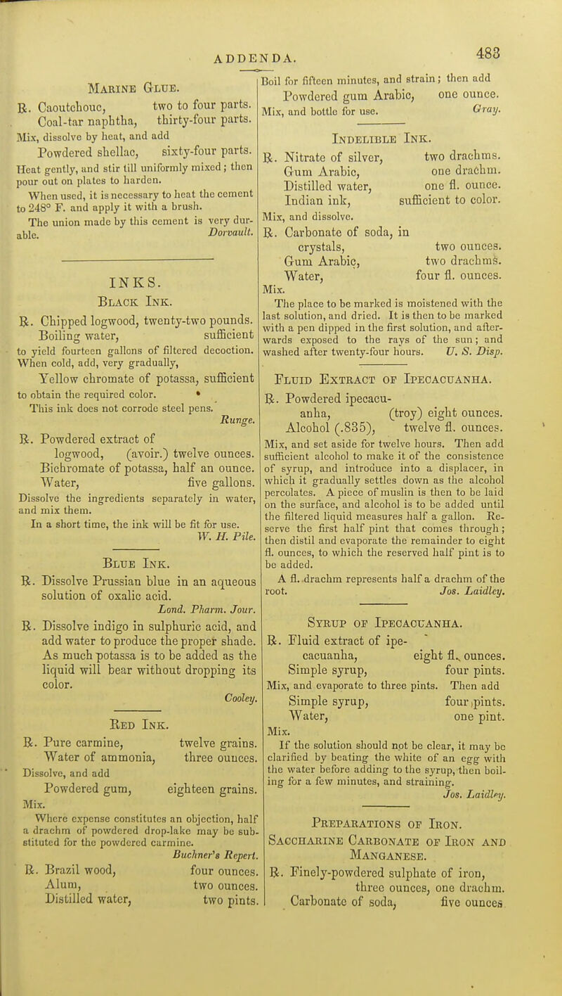 Marine Glue. R. Caoutchouc, two to four parts. Coal-tar naphtha, thirty-four parts. Mix, dissolve by heat, and add Powdered shellac, sixty-four parts. Heat gently, and stir till uniformly mixed ; then pour out on plates to harden. When used, it is necessary to heat the cement to 248° F. and apply it with a brush. The union made by this cement is very dur- able. Dorvault. INKS. Black Ink. R. Chipped logwood, twenty-two pounds. Boilinn; water, sufficient to yield fourteen gallons of filtered decoction. When cold, add, very gradually, Yellow chromate of potassa, sufficient to obtain the required color. • This ink does not corrode steel pens. Ruvge. R. Powdered extract of logwood, (avoir.) twelve ounces. Bichromate of potassa, half an ounce. Water, five gallons. Dissolve the ingredients separately in water, and mix them. In a short time, the ink will be fit for use. W. H. Pile. Blue Ink. R. Dissolve Prussian blue in an aqueous solution of oxalic acid. Land. PJiarm. Jour. R. Dissolve indigo in sulphuric acid, and add water to produce the proper shade. As much potassa is to be added as the liquid will bear without dropping its color. Cooley. Boil for fifteen minutes, and strain; then add Powdered gum Arabic, one ounce. Mix, and bottle for use. (^ray. Indelible Ink. R. Nitrate of silver, two drachms. Gum Arabic, one drachm. Distilled water, one fl. ounce. Indian ink, suffiicient to color. Mix, and dissolve. R. Carbonate of soda, in crystals, two ounces. Gum Arabic, two drachm^. Water, four fl. ounces. Mix. The place to be marked is moistened with the last solution, and dried. It is then to be marked with a pen dipped in the first solution, and after- wards exposed to the rays of the sun; and washed after twenty-four hours. U. S. Disp. twelve grains, three ounces. Red Ink. R. Pure carmine. Water of ammonia. Dissolve, and add Powdered gum, eighteen grains. Mix. Where expense constitutes an objection, half a drachm of powdered drop-lake may be sub- stituted for the powdered carmine. Buchner'8 Repert. R. Brazil wood, four ounces. Alum, two ounces. Distilled water, two pints. Fluid Extract of Ipecacuanha. R. Powdered ipecacu- anha, (troy) eight ounces. Alcohol (.835), twelve fl. ounces. Mix, and set aside for twelve hours. Then add sufficient alcohol to make it of the consistence of syrup, and introduce into a displacer, in which it gradually settles down as the alcohol percolates. A piece of muslin is then to be laid on the surface, and alcohol is to be added until the filtered liquid measures half a gallon. Re- serve the first half pint that comes tiirough; then distil and evaporate the remainder to eight fl. ounces, to which the reserved half pint is to be added. A fl. drachm represents half a drachm of the root, Jos. Laidlcy, Syrup O]? Ipecacuanha. R. Fluid extract of ipe- cacuanha, eight fl., ounces. Simple syrup, four pints. Mix, and evaporate to three pints. Then add Simple syrup, four )pints. Water, one pint. Mix. If the solution should not be clear, it may be clarified by beating the wliite of an egg with the water before adding to the syrup, then boil- ing for a few minutes, and straining. Jos. Laidlfiy. Preparations of Iron. Saccharine Carbonate of Iron and Manganese. R. Finely-powdered sulphate of iron, three ounces, one drachm. Carbonate of soda, five ounces