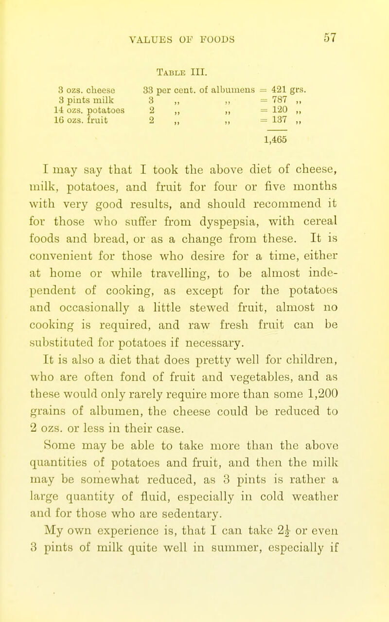 Table III. 3 ozs. cheeso 3 pints milk 14 ozs. potatoes IG ozs. fruit 33 por cont. of albumens = 421 grs, 3 ,, .1 = 787 ,, 2 „ „ = 120 2 „ „ = 137 „ 1,465 I may say that I took the above diet of cheese, milk, potatoes, and fruit for fom^ or five months with very good results, and should recommend it for those who suffer from dyspepsia, with cereal foods and bread, or as a change from these. It is convenient for those who desire for a time, either at home or while travelling, to be almost inde- pendent of cooking, as except for the potatoes and occasionally a little stewed fruit, almost no cooking is required, and raw fresh fruit can be substituted for potatoes if necessary. It is also a diet that does pretty well for children, who are often fond of fruit and vegetables, and as these would only rarely require more than some 1,200 grains of albumen, the cheese could be reduced to 2 ozs. or less in their case. Some may be able to take more than the above quantities of potatoes and fruit, and then the milk may be somewhat reduced, as 3 pints is rather a large quantity of fluid, especially in cold weather and for those who are sedentary. My own experience is, that I can take 2^ or even 8 pints of milk quite well in summer, especially if