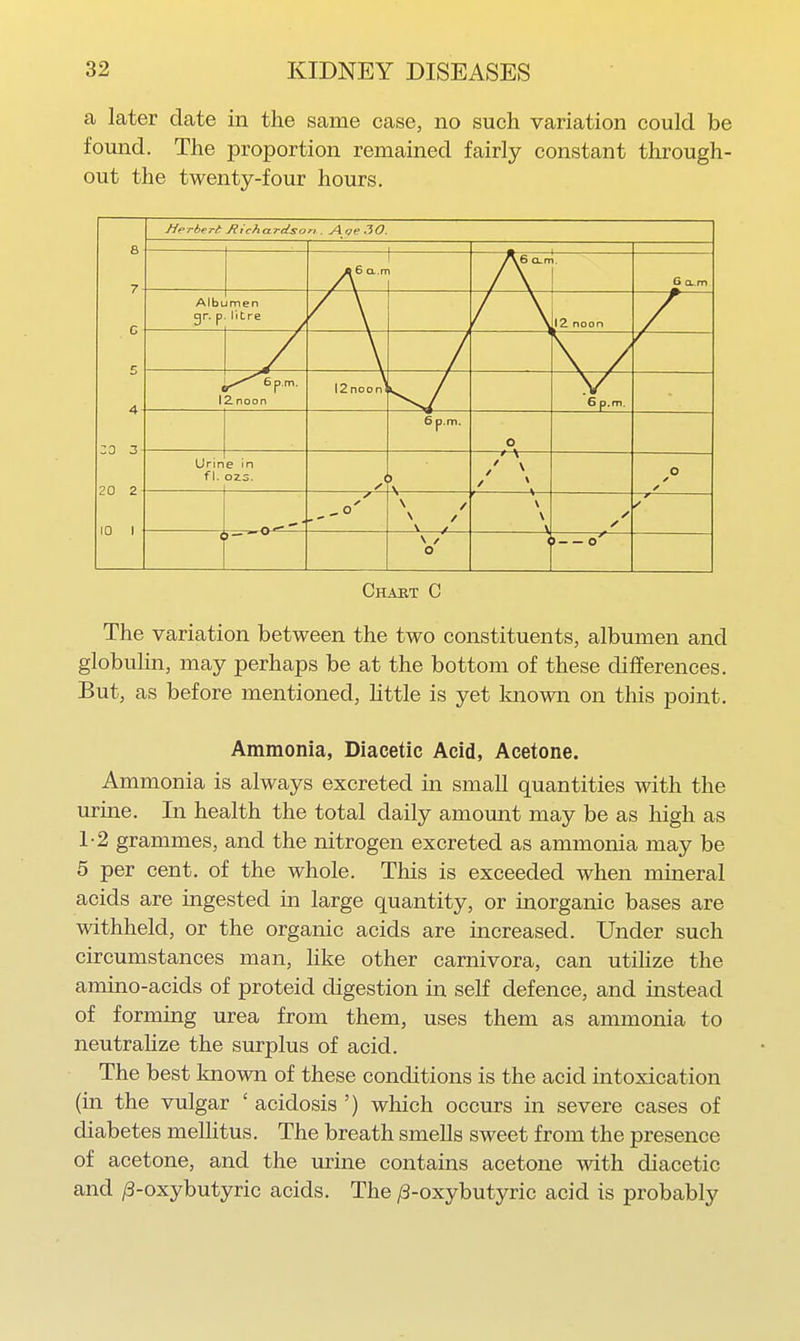 a later date in the same case, no such variation could be found. The proportion remained fairly constant through- out the twenty-four hours. Nerber^ JiichcLrctson . Aqe^O. Chart C The variation between the two constituents, albumen and globulin, may perhaps be at the bottom of these differences. But, as before mentioned, httle is yet known on this point. Ammonia, Diacetic Acid, Acetone. Ammonia is always excreted in smaU quantities with the urine. In health the total daily amount may be as high as 1-2 grammes, and the nitrogen excreted as ammonia may be 6 per cent, of the whole. This is exceeded when mineral acids are ingested in large quantity, or inorganic bases are withheld, or the organic acids are increased. Under such circumstances man, Hke other carnivora, can utihze the amino-acids of proteid digestion in self defence, and instead of forming urea from them, uses them as ammonia to neutralize the surplus of acid. The best laiown of these conditions is the acid intoxication (in the vulgar ' acidosis ') which occurs in severe cases of diabetes mellitus. The breath smells sweet from the presence of acetone, and the urine contains acetone with diacetic and /3-oxybutyric acids. The /3-oxybutyric acid is probably