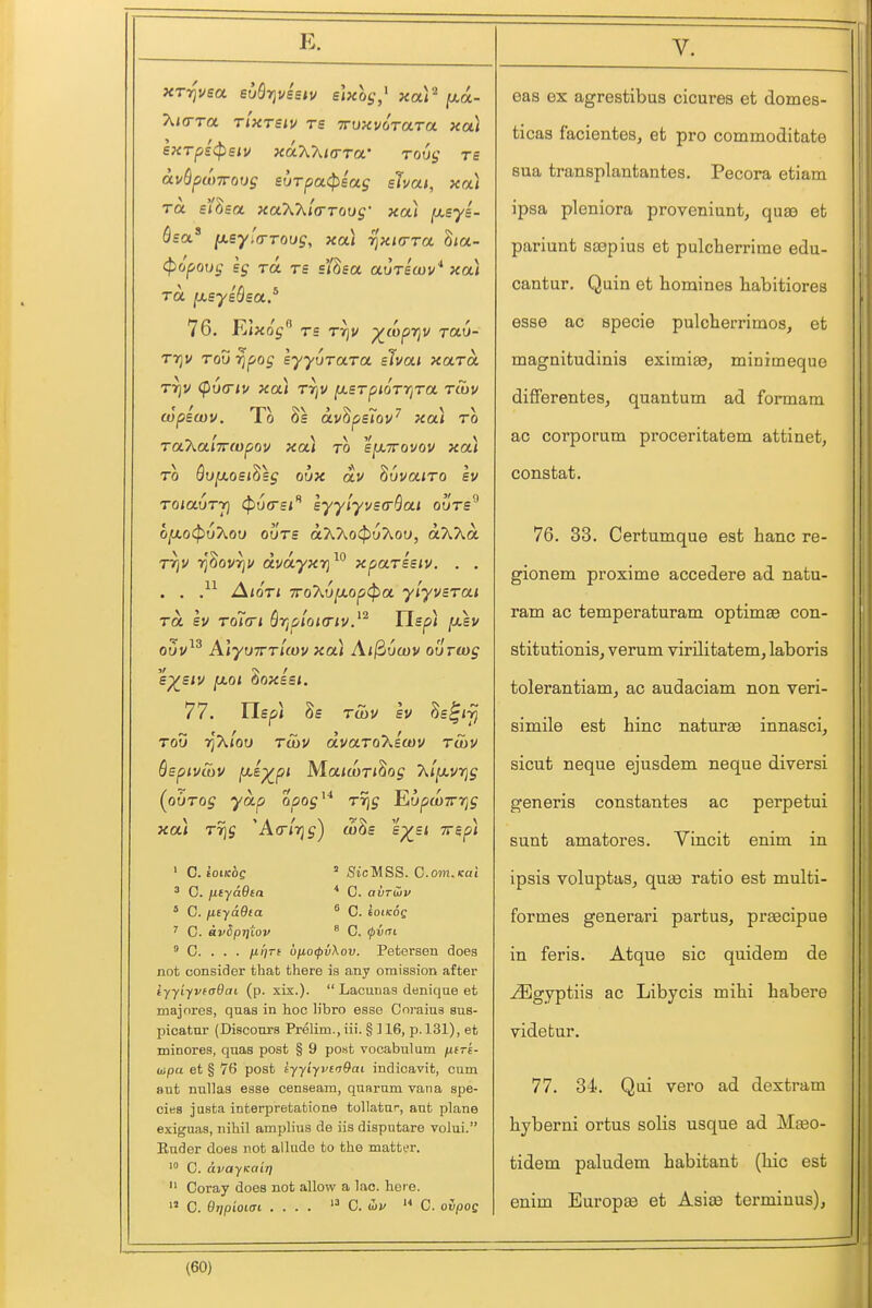 Xicrra tixtsiv rs TroxvoTara xa) SKTpii^siv xuXkia-TOL' rouf; tb avQpcoTTorjg Burpa^iag shat, xal TO. s'/oea xaXKia-Toug- xa) [xsyi- Ssa' [xey'a-roug, xa) rjxia-ra 8<a- (popoug sg ra rs si'Sea auVeajv'' xa) ra [xeyiBsa.^ 76. EIxo^ T£ rrjv ^coprjv rau- TTjv rod ripog eyyvrara slvai xara rrjv <pu(r<v xa) rrjv [x.£rpiorrjra rtov ajpswv. To 8s avSpej'oi/'' xa) ro raT^aiTTcopou xa) ro sfxyrovov xa) TO oufxosidsg oux au buvairo sv roiaorj] (pvasi'* syyiyvscrQai ours^ o[j.o(pv7\.ov ours aXXocJiuAou, aAAa r7]V 7]Sov^f dvayxT}^^ xparssiv. . . . . }^ Aiori 7ro7\.u[jLOp(pa ylyvsrai ra sv ro7(ri ^r^ploKTiv.^^ Tisp) [xsv oOv^^ AlyuTrrUov xa) Ail^vwv ourtog S^SIV fJLOl ^OXSBl. 77. Tlsp) 8e ru)V sv ^s^iyj rou 75X/0U ru)V dvaroXscov rujv Qsptvtbv fJ^s^pt MaKori^og T^l^vrjg (ourog yap opog'^'^ r7\g ^upu)ir7]g xai rris AtriTj^j wos s^sj Trspi ' 0.ioiKoc ^ 0. fityaOia ' C. fifyaQia ' C. avSprfiov  SicMSS. C.om.Kai * C. avraiv ® C. kotKOg ^ C. ^vffi ' C. . . . firjTi bjio<pv\ov. Petersen does not consider that there is any omission after iyyiyvfaditi (p. xix.).  Lacunas deniqae et majores, qnas in hoc libro esse Onraiua sus- picatnr (Disconrs Prelim., iii. § ] 16, p. 131), et minores, quaa post § 9 post vocabulum jxire- oipu et § 76 post eyyiyvirxQai indioavit, cum aut nullaa esse censeam, quarmn vana spe- cies justa interpretations tollatar, ant plane exiguas, nihil amplius de iis dispntare volui. Euder does not allude to the matter. C. avayKCiirj  Coray does not allow a lac. here.  C. Brip'wiai .... 0. dii- C. ovpoQ eas ex agrestibus cicures et domes- ticas facientes, et pro commoditate sua transplantantes. Pecora etiam ipsa pleniora proveniunt, quae et pariunt sajpius et pulcberrirae edu- cantur. Quin et homines liabitiores esse ac specie pulcherrimosj et magnitudinis eximiee, minimeque difFerentes, quantum ad formam ac corporum proceritatem attinet, constat. 76. 33. Certumque est banc re- gionem proximo accedere ad natu- ram ac temperaturam optimse con- stitutionisj verum virilitatem, laboris tolerantiamj ac audaciam non veri- simile est hinc naturae innasci, sicut neque ejusdem neque diversi generis constantes ac perpetui sunt amatores. Vincit enim in ipsis voluptaSj qu^ ratio est multi- formes generari partus, praecipue in feris. Atque sic quidem de ^gyptiis ac Libycis milii habere videfcur. 77. 34. Qui vero ad dextram hyberni ortus solis usque ad Maeo- tidem paludem habitant (hie est enim Europa3 et AsiiB terminus),