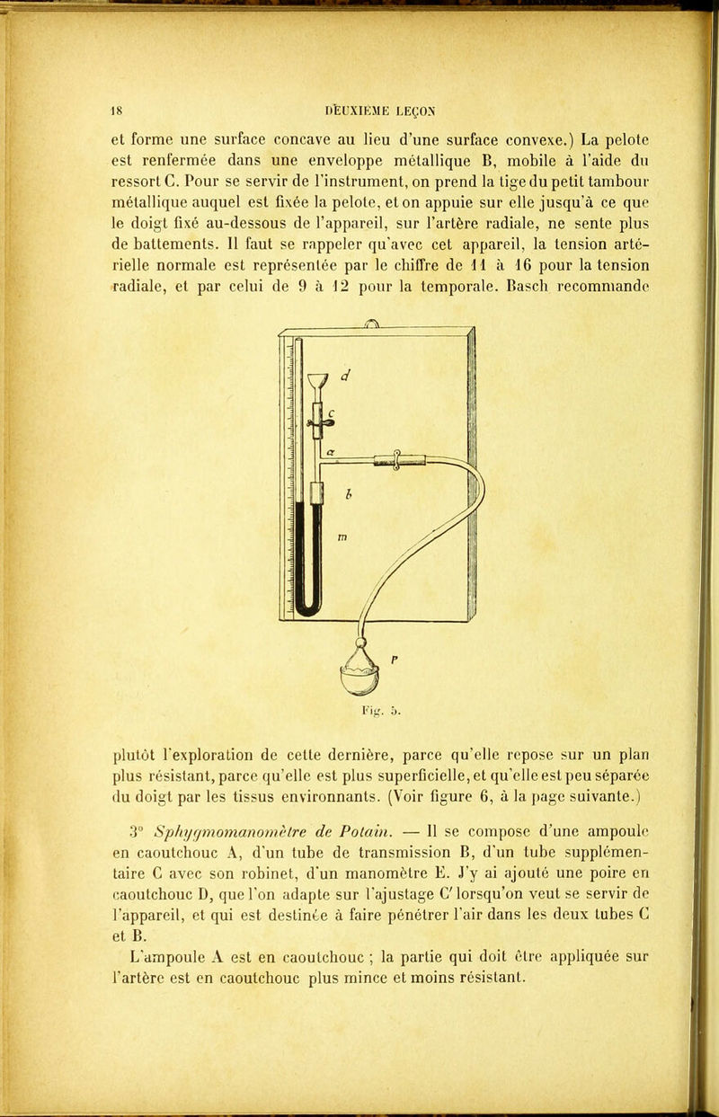 et forme une surface concave au lieu d'une surface convexe.) La pelote est renfermée dans une enveloppe métallique B, mobile à l'aide du ressort C. Pour se servir de l'instrument, on prend la tige du petit tambour métallique auquel est fixée la pelote, et on appuie sur elle jusqu'à ce que le doigt fixé au-dessous de l'appareil, sur l'artère radiale, ne sente plus de battements. Il faut se rappeler qu'avec cet appareil, la tension arté- rielle normale est représentée par le chiffre de dl à 16 pour la tension radiale, et par celui de 9 à 12 pour la temporale. Basch recommande plutôt l'exploration de cette dernière, parce qu'elle repose sur un plan plus résistant, parce qu'elle est plus superficielle, et qu'elle est peu séparée du doigt par les tissus environnants. (Voir figure 6, à la page suivante.) 3° Sphyf/mo7nano7nètre de Pota 'm. — Il se compose d'une ampoule en caoutchouc A, d'un tube de transmission B, d'un tube supplémen- taire C avec son robinet, d'un manomètre E. J'y ai ajouté une poire en caoutchouc D, que l'on adapte sur l'ajustage C lorsqu'on veut se servir de l'appareil, et qui est destinée à faire pénétrer l'air dans les deux tubes C et B. L'ampoule A est en caoutchouc ; la partie qui doit être appliquée sur l'artère est en caoutchouc plus mince et moins résistant.