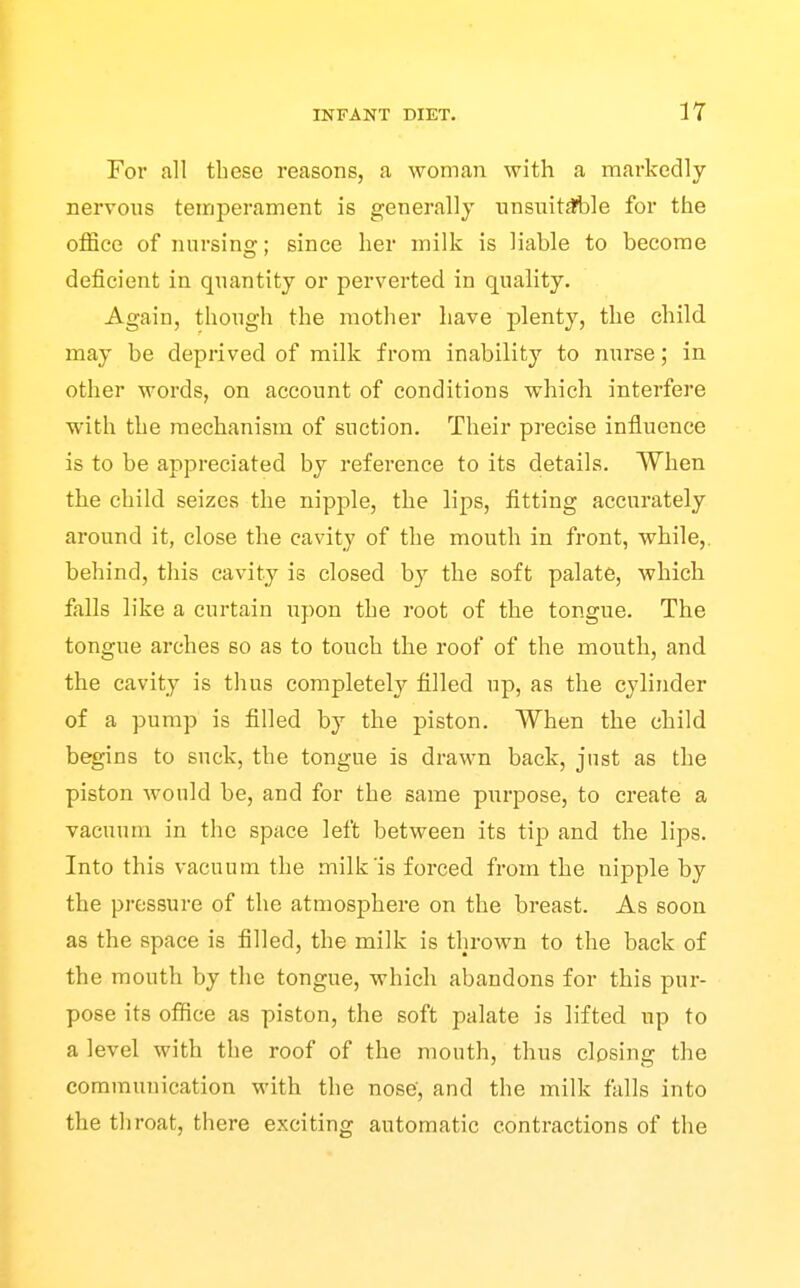 For all these reasons, a woman with a markedly nervous temperament is generally nnsnitffble for the office of nursing; since her milk is liable to become deficient in quantity or perverted in quality. Again, though the mother have plenty, the child may be deprived of milk from inability to nurse; in other words, on account of conditions which interfere with the mechanism of suction. Their precise influence is to be appreciated by reference to its details. When the child seizes the nipple, the lips, fitting accurately around it, close the cavity of the mouth in front, while,, behind, this cavity is closed by the soft palate, which falls like a curtain upon the root of the tongue. The tongue arches so as to touch the roof of the mouth, and the cavity is thus completely filled up, as the cylinder of a pump is filled by the piston. When the child begins to suck, the tongue is drawn back, just as the piston would be, and for the same purpose, to create a vacuum in the space left between its tip and the lips. Into this vacuum the milk'is forced from the nipple by the pressure of the atmosphere on the breast. As soon as the space is filled, the milk is thrown to the back of the mouth by the tongue, which abandons for this pur- pose its office as piston, the soft palate is lifted up to a level with the roof of the mouth, thus closing the communication with the nose', and the milk falls into the throat, there exciting automatic contractions of the