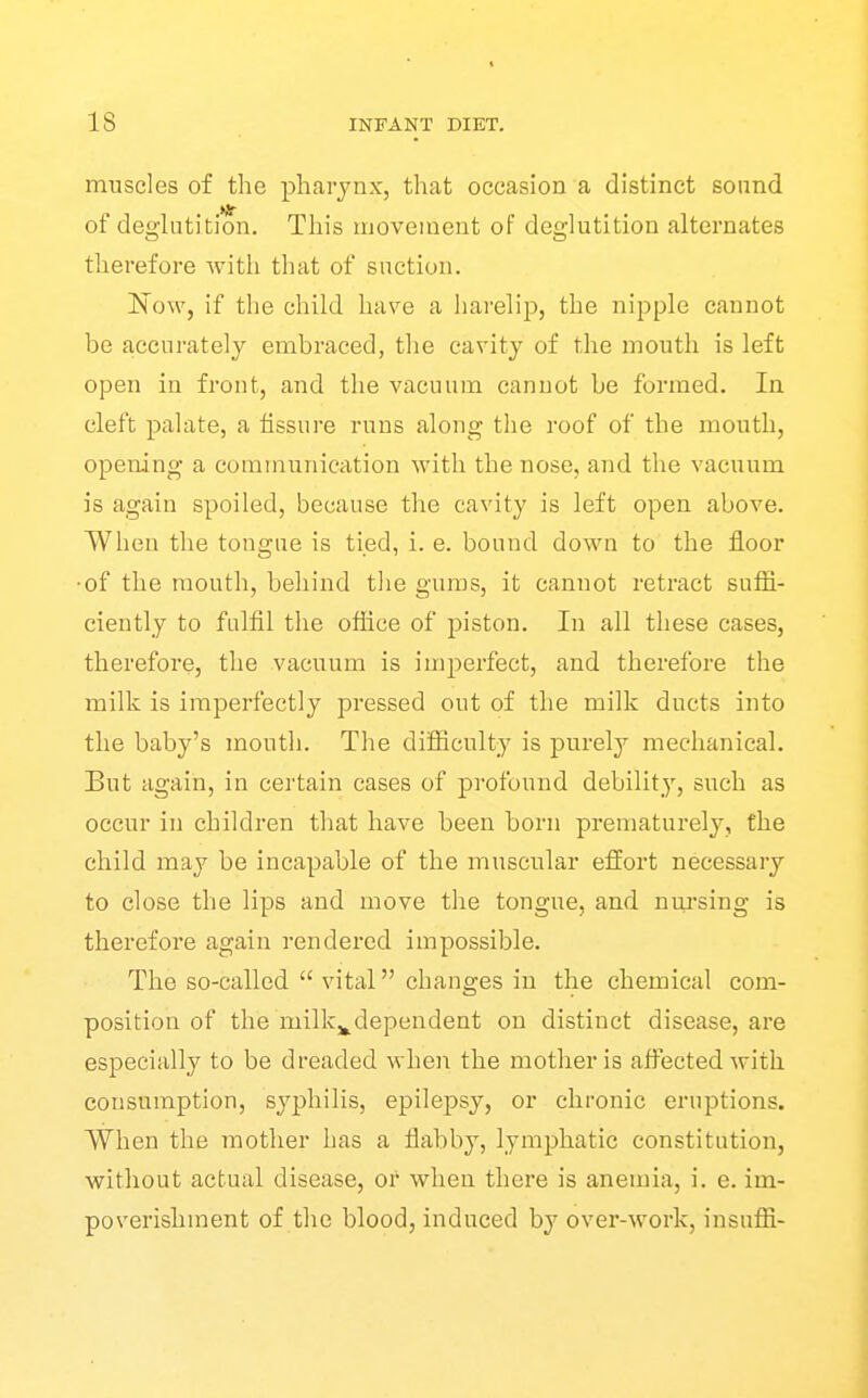 muscles of the pharynx, that occasion a distinct sound of deglutition. This movement of deglutition alternates therefore Avith that of suction. Now, if the child have a harelip, the nipple cannot be accurately embraced, the cavity of the mouth is left open in front, and the vacuum cannot be formed. In cleft palate, a fissure runs along the roof of the mouth, opening a communication with the nose, and the vacuum is again spoiled, because the cavity is left open above. When the tongue is tied, i. e. bound down to the floor •of the mouth, behind the gums, it cannot retract sufla- ciently to fulfil the oflace of jMston. In all these cases, therefore, the vacuum is imperfect, and therefore the milk is imperfectly pressed out of the milk ducts into the baby's month. The difiiculty is purely mechanical. But again, in certain cases of profound debility, such as occur in children that have been born prematurely, the child may be incapable of the muscular effort necessary to close the lips and move the tongue, and nui-sing is therefore again rendered impossible. The so-called  vital changes in the chemical com- position of the milk^dependent on distinct disease, are especially to be dreaded when the mother is aflnected with consumption, syphilis, epilepsy, or chronic eruptions. When the mother has a flabby, lymphatic constitution, without actual disease, or when there is anemia, i. e. im- poverishment of the blood, induced by over-work, insufii-