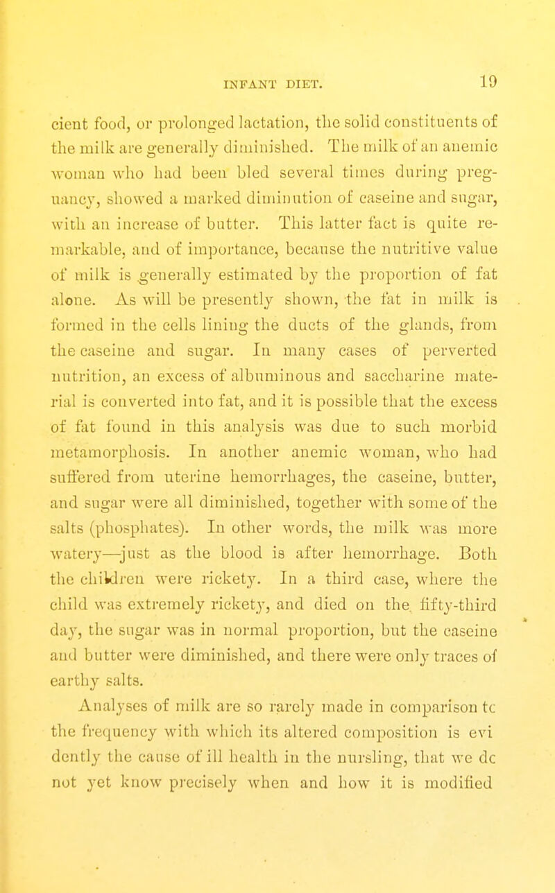 cient food, or prolonged lactation, the solid constituents of the milk are generally diminished. The milk of an anemic Avoinan who had been bled several times during preg- nancy, showed a marked diminution of caseine and sugar, with an increase of butter. This latter fact is quite re- markable, and of importance, because the nutritive value of milk is .generally estimated by the proportion of fat alone. As will be presently shown, the fat in milk is formed in the cells lining the ducts of the glands, from the caseine and sugar. In many cases of perverted nutrition, an excess of albuminous and saccharine mate- i-ial is converted into fat, and it is possible that the excess of fat found in this analysis was due to such morbid metamorphosis. In another anemic woman, who had suffered from uterine hemorrhages, the caseine, butter, and sugar were all diminished, together with some of the salts (phosphates). In other words, the milk was more watery—just as the blood is after hemorrhage. Both the chiklrcn were rickety. In a third case, where the child was extremely rickety, and died on the. fifty-third day, the sugar was in normal proportion, but the caseine aud butter were diminished, and there were only traces of earthy salts. Analyses of milk are so rarel}' made in comparison tc the frequency with which its altered composition is evi dently the cause of ill health in the nnrsling, that we dc not yet know precisely when and how it is modified