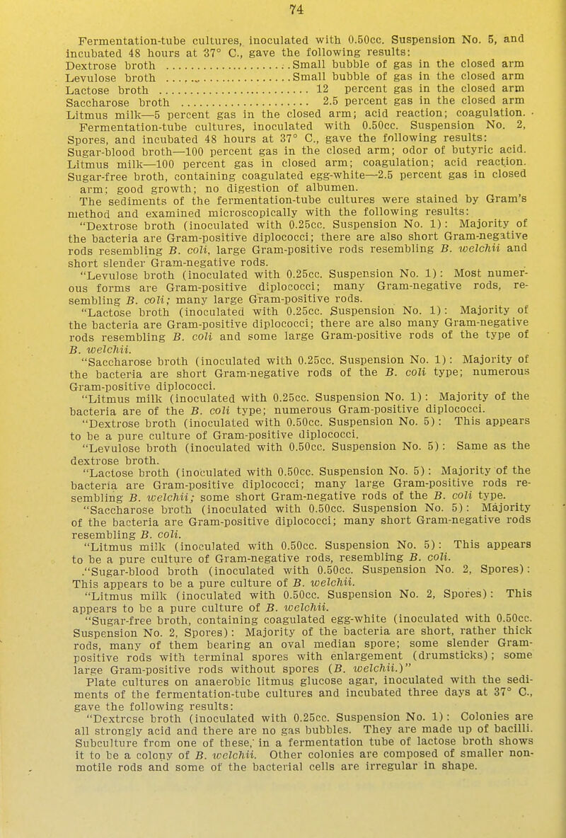 Fermentation-tube cultures, inoculated with 0.50cc. Suspension No. 5, and incubated 48 hours at 37° C, gave the following results: Dextrose broth . .Small bubble of gas in the closed arm Levulose broth Small bubble of gas in the closed arm Lactose broth 12 percent gas in the closed arm Saccharose broth 2.5 percent gas in the closed arm Litmus milk—5 percent gas in the closed arm; acid reaction; coagulation. • Fermentation-tube cultures, inoculated with 0.50cc. Suspension No. 2, Spores, and incubated 48 hours at 37° C, gave the following results: Sugar-blood broth—100 percent gas in the closed arm; odor of butyric acid. Litmus milk—100 percent gas in closed arm; coagulation; acid reaction. Sugar-free broth, containing coagulated egg-white—2.5 percent gas in closed arm; good growth; no digestion of albumen. The sediments of the fermentation-tube cultures were stained by Gram's method and examined microscopically with the following results: Dextrose broth (inoculated with 0.25cc. Suspension No. 1): Majority of the bacteria are Gram-positive diplococci; there are also short Gram-negative rods resembling B. coli, large Gram-positive rods resembling B. welchii and short slender Gram-negative rods. Levulose broth (inoculated with 0.25cc. Suspension No. 1): Most numer- ous forms are Gram-positive diplococci; many Gram-negative rods, re- sembling B. coli; many large Gram-positive rods. Lactose broth (inoculated with 0.25cc. Suspension No. 1): Majority of the bacteria are Gram-positive diplococci; there are also many Gram-negative rods resembling B. coli and some large Gram-positive rods of the type of B. welchii. Saccharose broth (inoculated with 0.25cc. Suspension No. 1): Majority of the bacteria are short Gram-negative rods of the B. coli type; numerous Gram-positive diplococci. Litmus milk (inoculated with 0.25cc. Suspension No. 1): Majority of the bacteria are of the B. coli type; numerous Gram-positive diplococci. Dextrose broth (inoculated with 0.50cc. Suspension No. 5): This appears to be a pure culture of Gram-positive diplococci. Levulose broth (inoculated with O.SOcc. Suspension No. 5): Same as the dextrose broth. Lactose broth (inoculated with 0.50cc. Suspension No. 5): Majority of the bacteria are Gram-positive diplococci; many large Gram-positive rods re- sembling B. welchM; some short Gram-negative rods of the B. coli type. Saccharose broth (inoculated with 0.50cc. Suspension No. 5): Majority of the bacteria are Gram-positive diplococci; many short Gram-negative rods resembling B. coli. Litmus milk (inoculated with 0.50cc. Suspension No. 5): This appears to be a pure culture of Gram-negative rods, resembling B. coli. .Sugar-blood broth (inoculated with O.SOcc. Suspension No. 2, Spores): This appears to be a pure culture of B. welchii. Litmus milk (inoculated with O.SOcc. Suspension No. 2, Spores): This appears to be a pure culture of B. welchii. Sugar-free broth, containing coagulated egg-white (inoculated with O.SOcc. Suspension No. 2, Spores): Majority of the bacteria are short, rather thick rods, many of them bearing an oval median spore; some slender Gram- positive rods with terminal spores with enlargement (drumsticks); some large Gram-positive rods without spores (B. welchii.) Plate cultures on anaerobic litmus glucose agar, inoculated with the sedi- ments of the fermentation-tube cultures and incubated three days at 37° C, gave the following results: Dextrcse broth (inoculated with 0.2Scc. Suspension No. 1): Colonies are all strongly acid and there are no gas bubbles. They are made up of bacilli. Subculture from one of these, in a fermentation tube of lactose broth shows it to be a colony of B. welchii. Other colonies are composed of smaller non- motile rods and some of the bacterial cells are irregular in shape.