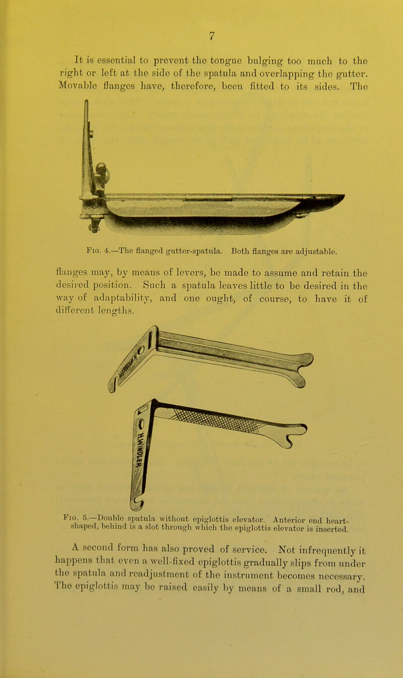 Ifc is essential to prevent tlie tongue bulging too much to the right or left at the side of the spatula and overlapping tho gutter. Movable flanges have^ therefore^ been fitted to its sides. The I 1 Fig. 4.—The flanged gutter-spatula. Both flanges are adjustable. flanges may^ by means of levers, be made to assume and retain the desired position. Such a spatula leaves little to be desired in the way of adaptability, and one ought, of course, to have it of different lengths. Fig. 5.—Double spatula without epiglottis elevator. Anterior end heart- shaped, behind is a slot through which the epiglottis elevator is inserted. A second form has also proved of service. Not infrequently it happens that even a well-fixed epiglottis gradually slips from under the spatula and readjustment of the instrument becomes necessary. The epiglottis may be raised easily by means of a small rod, and