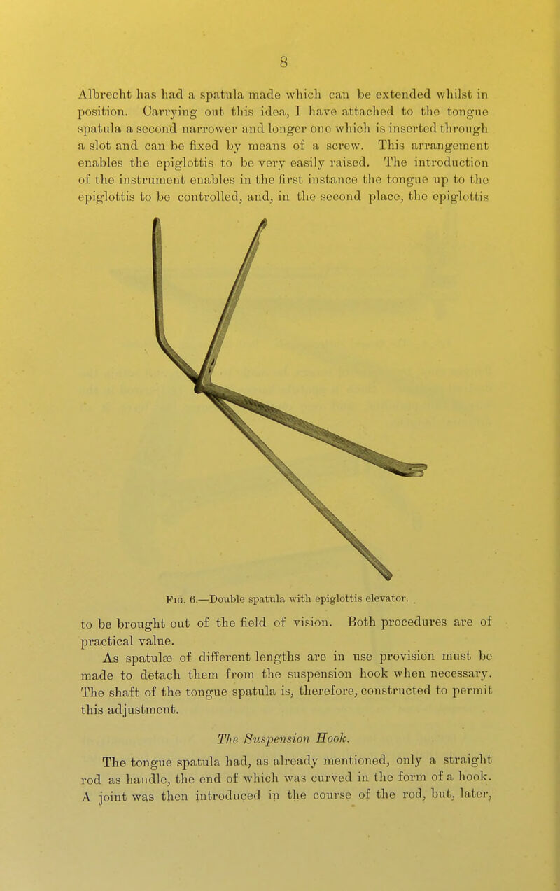 Albi'ocht has had a spatula made which can be extended whilst in position. Cari'ying out this idea^ I have attached to the tongue spatula a second narrower and longer one which is inserted through a slot and can bo fixed by moans of a screw. This arrangement enables the epiglottis to be very easily raised. The introduction of the instrument enables in the first instance the tongue up to the epiglottis to be controlled^ and, in the second place, the epiglottis Fig. 6.—Double spatula with epiglottis elevator. to be brought out of the field of vision. Both procedures are of practical value. As spatulEe of different lengths are in use provision must be made to detach them from the suspension hook when necessary. The shaft of the tongue spatula is, therefore, constructed to permit this adjustment. The Suspension Hook. The tongue spatula had, as already mentioned, only a straight rod as handle, the end of which was curved in the form of a hook. A joint was then introduced in the course of the rod, but, later,