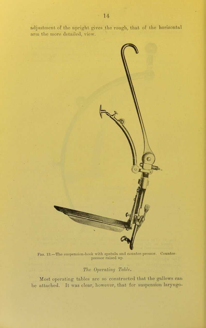 adjnstment of the upright gives the rough, that of the hoi'izontal arm tlie more detailed, view. Fig. 13.—The siispension-liook with spatula and countor-pressor. Counter- pressor raised up. Tlie Oyterating TahJe.. Most operating tables are so constructed that the gallows can be attached. It was clear, however, that for suspension laryngo-