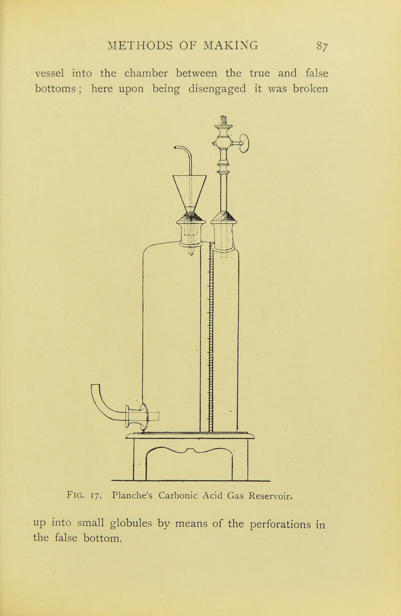 vessel into the chamber between the true and false bottoms; here upon being disengaged it was broken Fig. 17, Planche's Carbonic Acid Gas Reservoir. Up into small globules by means of the perforations in the false bottom.