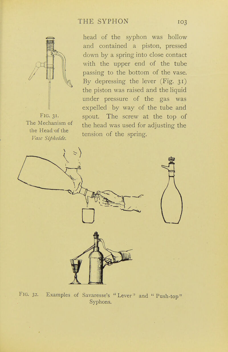 Fig. 31. The Mechanism of the Head of the Vase Siphoide. head of the syphon was hollow and contained a piston, pressed down by a spring into close contact with the upper end of the tube passing to the bottom of the vase. By depressing the lever (Fig. 31) the piston was raised and the liquid under pressure of the gas was expelled by way of the tube and spout. The screw at the top of the head was used for adjusting the tension of the spring. Fig. 32. Examples of Savaresse's  Lever and Push-top Syphons.