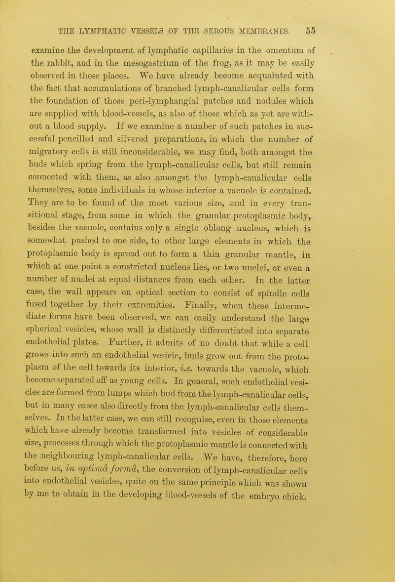 examine the development of lymphatic capillaries in the omentum of the rabbit, and in the mesogastrium of the frog, as it may be easily observed in those places. We have already become acquainted with the fact that accumulations of branched lymph-canalicular cells form the foimdation of those peri-lymphangial patches and nodules which are supplied with blood-vessels, as also of those which as yet are with- out a blood supply. If we examine a number of such patches in suc- cessful pencilled and silvered preparations, in which the number of migi-atory cells is still inconsiderable, we may find, both amongst the buds which spring from the lymph-canalicular cells, but still remain connected with them, as also amongst the lymph-canalicular cells themselves, some individuals in whose interior a vacuole is contained. They are to be found of the most various size, and in every tran- sitional stage, from some in which the granular protoplasmic body, besides the vacuole, contains only a single oblong nucleus, which ia somewhat pushed to one side, to other large elements in which the protoplasmic body is spread out to form a thin granular mantle, in which at one point a constricted nucleus lies, or two nuclei, or even a number of nuclei at equal distances from each other. In the latter case, the wall appears on optical section to consist of spindle cells fused together by their extremities. Finally, when these interme- diate forms have been observed, we can easily understand the large spherical vesicles, whose wall is distinctly differentiated into separate endothelial plates. Further, it admits of no doubt that while a cell grows into such an endothelial vesicle, buds grow out from the proto- plasm of the cell towards its interior, i.e. towards the vacuole, which become separated off as young cells. In general, such endothelial vesi- cles are formed from limips which bud from the lymph-canaKcular cells, but in many cases also directly from the lymph-canalicular cells them- selves. In the latter case, we can still recognise, even in those elements which have already become transformed into vesicles of considerable size, processes through which the protoplasmic mantle is connected with the neighbouring lymph-canalicular cells. We have, therefore, here before us, m optima forma, the conversion of lymph-canalicular cells into endothelial vesicles, quite on the same principle which was shown by me to obtain in the developing blood-vessels of the embryo chick.