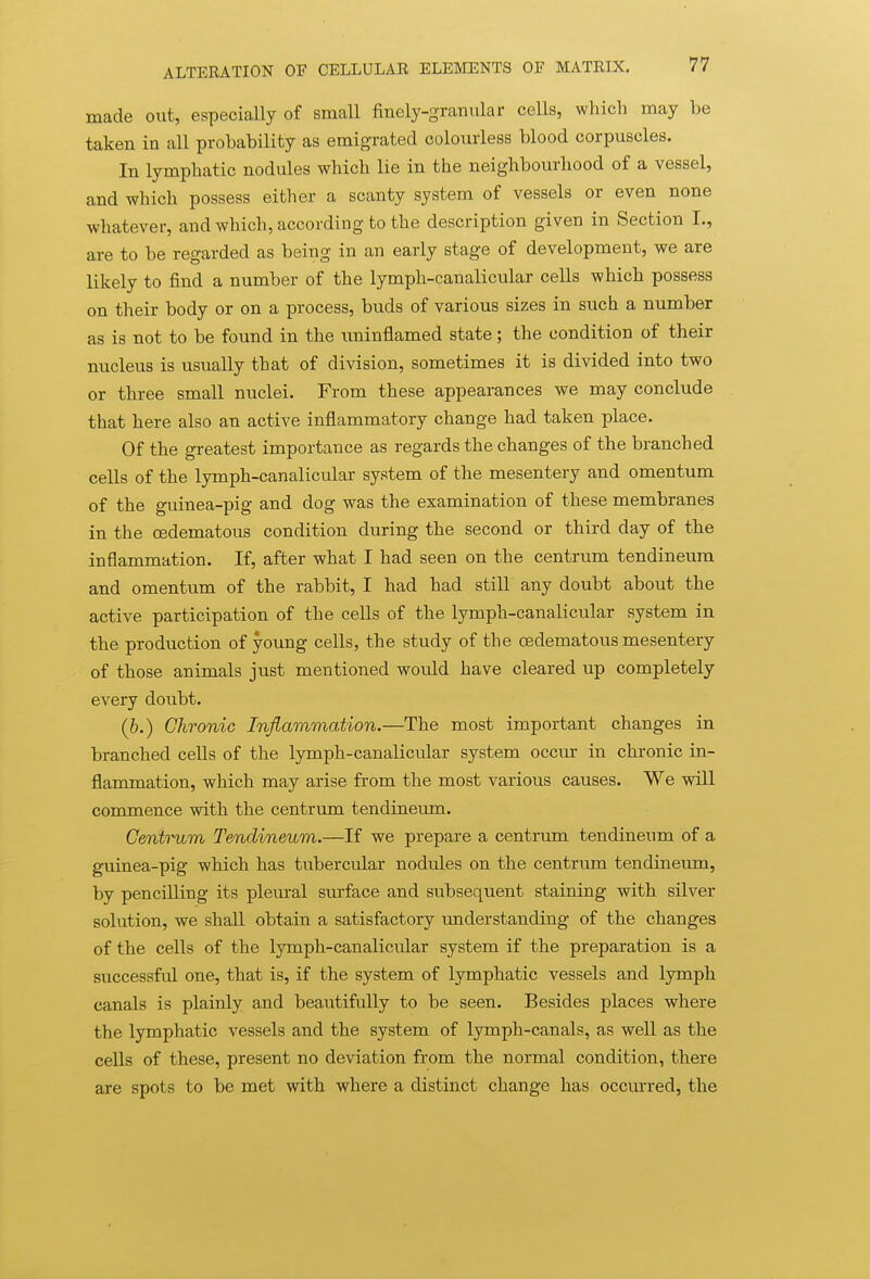 made out, especially of small finely-granular cells, which may be taken in all probability as emigrated colourless blood corpuscles. In lymphatic nodules which lie in the neighbourhood of a vessel, and which possess either a scanty system of vessels or even none whatever, and which, according to the description given in Section I., are to be regarded as being in an early stage of development, we are likely to find a number of the lymph-canalicular cells which possess on their body or on a process, buds of various sizes in such a number as is not to be found in the uninflamed state; the condition of their nucleus is usually that of division, sometimes it is divided into two or three small nuclei. From these appearances we may conclude that here also an active inflammatory change had taken place. Of the greatest importance as regards the changes of the branched cells of the lymph-canalicular system of the mesentery and omentum of the guinea-pig and dog was the examination of these membranes in the oedematous condition during the second or third day of the inflammation. If, after what I had seen on the centrum tendineum and omentum of the rabbit, I had had still any doubt about the active participation of the cells of the lymph-canalicular system in the production of young cells, the study of the oedematous mesentery of those animals just mentioned would have cleared up completely every doubt. (b.) Chronic Inflammation.—The most important changes in branched cells of the lymph-canalicular system occur in chronic in- flammation, which may arise from the most various causes. We -will commence with the centrum tendineum. Centrum Tendineum.—If we prepare a centrum tendineum of a guinea-pig which has tubercular nodules on the centrum tendineum, by pencilling its pleural surface and subsequent staining with silver solution, we shall obtain a satisfactory vmderstanding of the changes of the cells of the lymph-canalicular system if the preparation is a successful one, that is, if the system of lymphatic vessels and lymph canals is plainly and beautifully to be seen. Besides places where the lymphatic vessels and the system of lymph-canals, as well as the cells of these, present no deviation from the normal condition, there are spots to be met with where a distinct change has occm^red, the