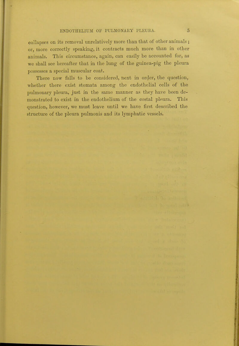 collapses on its removal unrelatively more than that of other animals; or, more correctly speakinj*', it contracts much more than in other animals. This circumstance, again, can easily be accmmted for, as we shall see hereafter that in the lung of the guinea-pig the pleura possesses a special muscular coat. There now falls to be considered, next in order, the question, whether there exist stomata among the endothelial cells of the pulmonary pleura, just in the same manner as they have been de- monstrated to exist in the endothelium of the costal pleura. This question, however, we must leave until we have first described the structure of the pleura pulmonis and its lymphatic vessels.