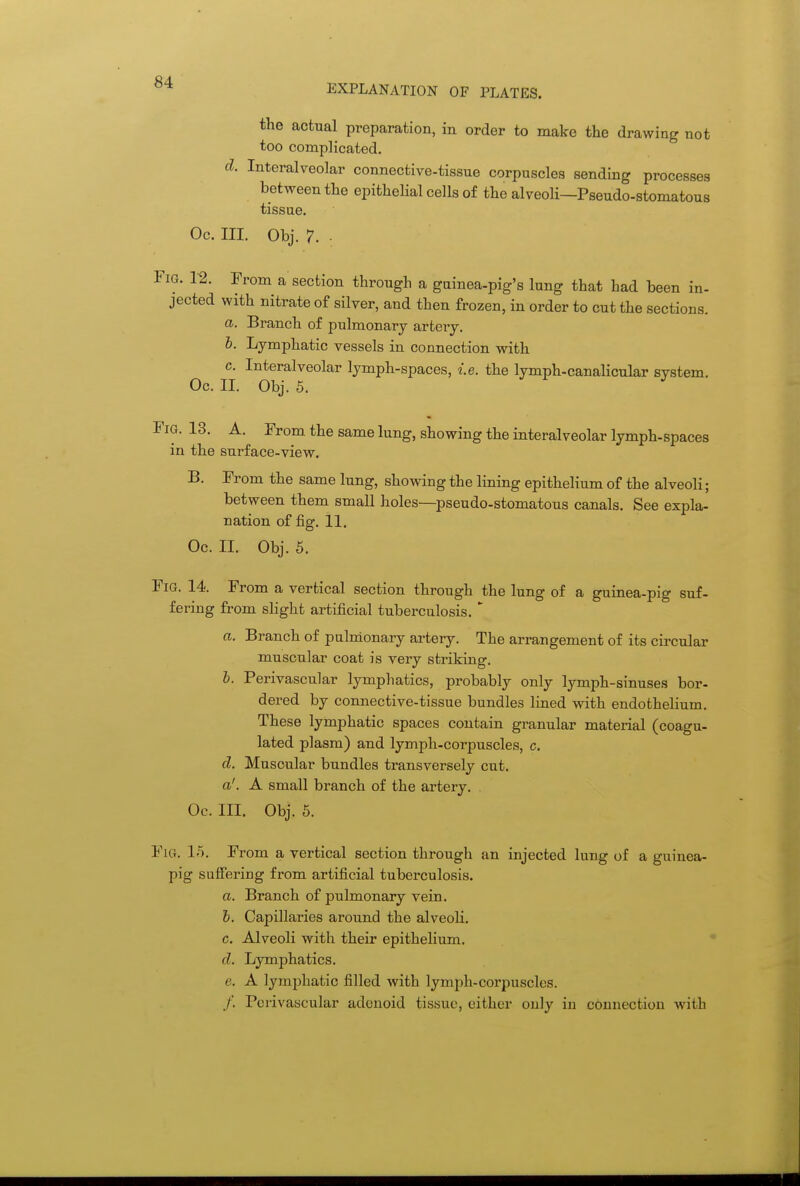 EXPLANATION OF PLATES. the actual preparation, in order to make the drawing not too complicated. d. Interalveolar connective-tissue corpuscles sending processes between the epithelial cells of the alveoli—Pseudo-stomatous tissue. Oc. III. Obj. 7. : Fig. 12. From a section through a guinea-pig's lung that had been in- jected with nitrate of silver, and then frozen, in order to cut the sections. a. Branch of pulmonary artery. h. Lymphatic vessels in connection with c. Interalveolar lymph-spaces, i.e. the lymph-canalicular system. Oc. II. Obj. 5. Fig. 13. A. From the same lung, showing the interalveolar lymph-spaces in the surface-view. B. From the same lung, showing the lining epithelium of the alveoli; between them small holes—pseudo-stomatous canals. See expla- nation of fig. 11. Oc. II. Obj. 5. Fig. 14. From a vertical section through the lung of a guinea-pig suf- feriug from slight artificial tuberculosis.  a. Branch of pulmonary artery. The arrangement of its circular muscular coat is very striking. h. Perivascular lymphatics, probably only lymph-sinuses bor- dered by connective-tissue bundles lined with endothelium. These lymphatic spaces contain granular material (coagu- lated plasm) and lymph-corpuscles, c. d. Muscular bundles transversely cut. a'. A small branch of the artery. Oc. III. Obj. 5. Fig. 1.5. From a vertical section through an injected lung of a guinea- pig suffering from artificial tuberculosis. a. Branch of pulmonary vein. h. Capillaries around the alveoli. c. Alveoli with their epithelium. • d. Lymphatics. e. A lymphatic filled with lymph-corpuscles. /'. Perivascular adenoid tissue, either only in cbunectiou with