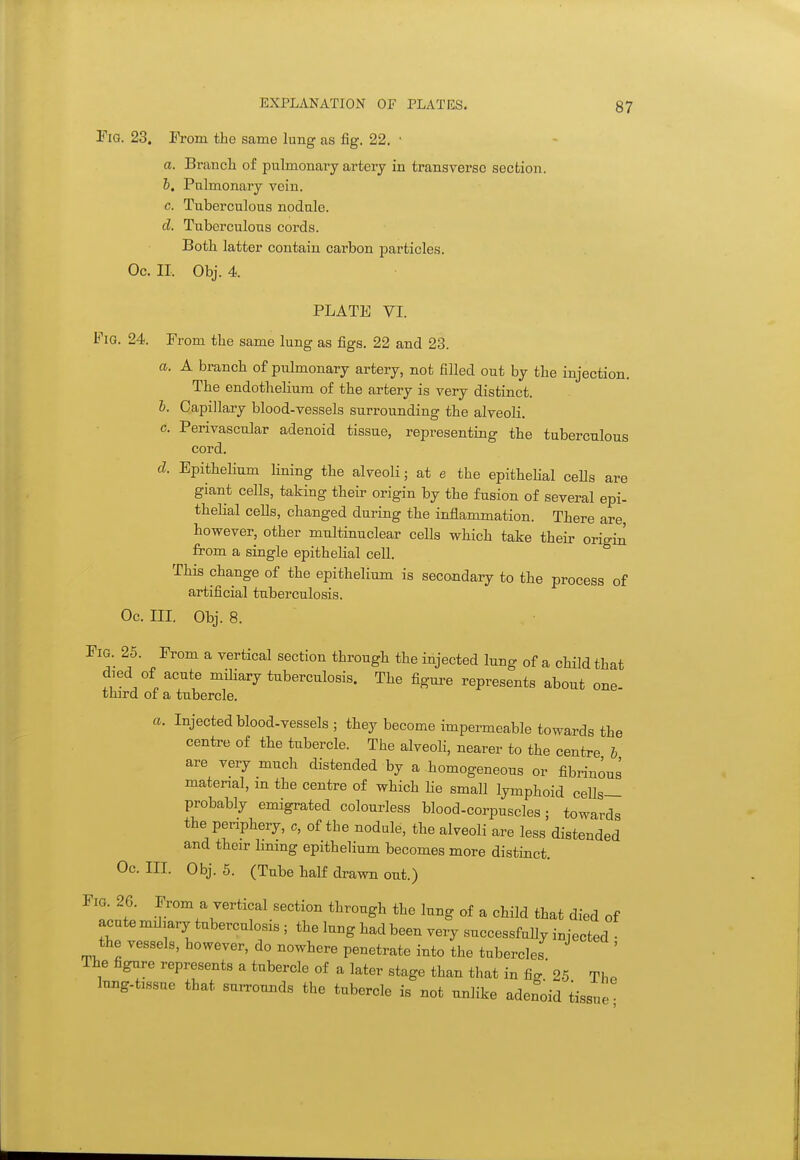Fia. 23. From the same lung as fig. 22. • a. Branch of pulmonary artery in transverse section. h. Pulmonary vein. c. Tuberculous nodule. d. Tuberculous cords. Both latter contain carbon particles. Oc. II. Obj. 4. PLATE VI. Fig. 24. From the same lung as figs. 22 and 23. a. A branch of pulmonary artery, not filled out by the injection. The endothehum of the artery is very distinct. I. Capillary blood-vessels surrounding the alveoli. c. Perivascular adenoid tissue, representing the tuberculous cord. d. Epithelium hning the alveoli; at e the epithehal ceUs are giant cells, taking their origin by the fusion of several epi- thelial cells, changed during the inflammation. There are however, other multinuclear cells which take their origiil from a single epithehal cell. This change of the epithelium is secondary to the process of artificial tuberculosis. Oc. III. Obj. 8. Fig. 25. From a vertical section through the injected lung of a child that died of acute mihary tuberculosis. The figure represents about one third of a tubercle. a. Injected blood-vessels; they become impermeable towards the centre of the tubercle. The alveoh, nearer to the centre h are very much distended by a homogeneous or fibrinous material, in the centre of which He small lymphoid cells— probably emigrated colourless blood-corpuscles ; towards the periphery, c, of the nodule, the alveoli are less distended and their Lmng epithelium becomes more distinct. Oc. III. Obj. 6. (Tube half drawn out.) Fig. 26. From a vertical section through the lung of a child that died of acute miliary tuberculosis ; the lung had been very successfaUy injected ■ the vessels, however, do nowhere penetrate into the tubercles The figure represents a tubercle of a later stage than that in fi^' 25 Tlin Inng-tissue that smrounds the tubercle is not unlike adenoid tissue