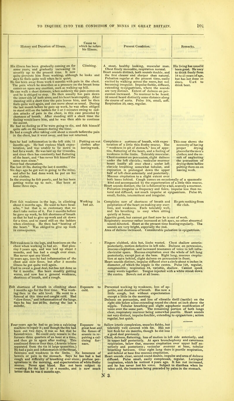 History and Duration of Illness. Cause to which he refers his Illness. Present Condition. Remarks, His illness has been gradually coming on for Climbing, some years, and gradually increasing in severity up to the present time. It now quite prevents him from working, although he looks and says he feels quite well when he is ([uiet. He has been away from work G months with pain in the chest. The pain which he describes as a pressure on the breast bone comes on upon any exertion, such as walking up hill. He can walk a short distance, when suddenly the pain comes on and he is obliged to stop. He then usually has pain down the inner side of both arms, and his heart beats rapidly. After standing still a short time the pain leaves him, and he then feels quite well again, and can move about as usual. During the last month before he gave up work, he was often obliged to stand still on the ladders for 2 or ;i minutes owing to sud- den attacks of pain in the chest, in this case preceded by shortness of breath. After standing still a short time the feeling would leave him, and he was then able to continue the ascent. He had no feeling as if he were going to die, and felt himself quite safe on the laaaers during the time. He had a cough after taking cold about a month beforethe pain in the chest, but it went away, and has not returned. Putting on wet clothes after leavingwork. Working bad air. Says he had inflammation in the left side, 11 months ago. He had copious lilack expec- toration, and was unable to lie down in bed for a week. He was laid up for 13 weeks, and since then has constantly had fluttering of the heart, and has never felt himself the same man since.'' Never had rheumatism. Has lost 20 lbs. during the last 6 months. Six days ago he got wet in going to the mine, and after he had done work he put on his wet clothes. In the evening he felt poorly, and he has been getting worse up to now. Has been at home three days. First felt weakness in the legs, in climbing about 6 months ago. He used to have head- ache,  but that is so customary that we don't take notice of it. For 3 months before he gave up work, he felt shortness of breath so that he had to give up work and sit down for a time, and to stand still on the ladders when climbing. He then had  beating of the heart. Was obliged to give up work in consequence. Feltweakness in the legs, and heaviness on the chest when working in bad air. Had pleu- risy 3 years ago, and was laid up about 3 months, and has had a cough ever since. Has never spat any blood. 12 years ago, says he had inflammation of the chest and slow fever, but after 3 months illness he got quite well again. Used to sweat a good deal, but has not done so for 6 months. Has been steadily getting worse, and now has a general weakness, shortness of breath, and a cough. Felt shortness of breath in climbing about 5 months ago for the first time. Was work- ing then in the adit level. He went to a funeral at this time and caught cold. Had  slow fever, and inflammation of the lungs. Says he has lost 20 lbs. during the last 4 months. Four years ago he had to go into a calcining Exposure to machine to repair it; and though the fire had great heat and been out two days, it was so hot that he the fumes of fainted twice. He could only remain in the arsenic in re- furnace three quarters of an hour at a time, pairing a cal- and then go in again after resting. This cining fur- continued three or four days. (Arsenic is here nace. separated from the tin in large quantities.) He had a pain and inflammation in the throat, faintness and weakness in the limbs. No looseness of bowels or pain in the stomach. Says he has had a bad cough and diflSculty of breathing ever since; profuse per- spirations in the morning, and expectoration of white frothy mucus. Never spat blood. Has not been subject to sweating for the last 3 or 4 months, and is now much better than he was 6 months ago. Exposure to cold. A stout, healthy looking, muscular man. Chest freely moveable, respiration normal. Heart sounds distinct, both sounds double, and the first clearer and sharper than natural. Pulsation regular at the present time, easily excited by walking across the room, but not becoming irregular. Impulse feeble, difli'used, extending to epigastrium, where the sounds are very distinct. Extent of dulness on per- cussion increased. No murmur to be heard. 2d sound heard distinctly some distance along the course of aorta. Pulse 104, small, soft. Respiration 20, easy, regular. His living has usualld been good. He usey to drink freely from 18 to 25 years of age, but has not done so since. Utei to drink beer. Complains o nortness of breath, with expec ■ toration of a little thin frothy mucus. Has '•weakness in pit of stomach,'' loss of appe- tite, fluttering of the heart, and a feeling of weakness in the limbs. Tolerably muscular. Chest resonant on percussion, slight dulness under the left clavicle; vesicular murmur heard loudly all over chest ; under left clavicle breathing somewhat tubular, and expiration is prolonged down the upper half of left chest anteriorly and posteriorly. Mucous crepitation to a slight extent over botli bases behind. Cough comes on occasionally of a spasmodic kind and accompanied by the expectoration of a little thin mucus. Heart sounds distinct; the 1st is followed by a tail, scarcely a murmur. Pulsation irregular in frequency and force, im])ulse less than na- tural and dilfused, not much impulse at epigastrium. Pulse 60, small, feeble, intermittent and irregular. This case shows the necessity of ha\ Ing proper drying ))laces for the men's clothes, and the re- sult of neglecting the precaution of drying them before putting them on on leaving work. He gets nothing from the club. Com|>lains now of shortness of breath and palpitation of the heart on making any exer- tion, and weakness. Feels tolerably well, and his breathing is easy when sitting quietly at home. Appetite good, but cannot get food now he is out of work. Respiratory murmur rather increased at left apex, no other abnormal sound detected. Heart at the present time beating regularly. The sounds arc very bright, especially the 2nd. Area of dulness increased. Considerable pulsation in epigastrium. Fingers clubbed, skin hot, limbs wasted. Chest shallow anterio- posteriorly, motion defective in left side. Dulness on percussion, mucous crepitation, and increased resonance of voice in left infra- clavicular space. I\Iucous crepitation over the whole of left lung posteriorly, except just at the base. Right lung, mucous crepita- tion at apex behind, slight dulness on percussion in front. Heart sounds distinct, impulse diffused over a circle about 4 inches in diameter, of which the nipple is the centre. Pulse 128, regular, compressible; respiration 34, variable, shallow. Cannot speak many words together. Tongue injected with a white streak down the centre. Bowels not at all loose. Prevented working by weakness, loss of ap- petite, and shortness of breath. Has now a little cough, but without expectoration except a little in the morning- Dulness on percussion, and loss of vibratile thrill (tactile) on the right side below aline extending round the chest an inch above the nipple. Tubular breathing and slight oegophonic modification of voice over the same part. The remaining portion of both lungs clear, respiratory murmur being somewhat puerile. Heart sounds not very distinct, impulse forcible, extending to epigastrium; action regular, but quick. Sallow icteric complexion, muscles flabby, but tolerably well covered with fat. Has not lost flesh for six months, though he did lose a good deal previously. Chest, dulness, flattening, loss of motion in left side anteriorly, and in upper half posteriorly. At apex bronchophony and cavernous respiration, below that, mucous crepitation over upper half an- teriorly and posteriorly; vesicular murmur at base, tubular breathing between. Over right lung there is puerile respiration, and behind at base fine mucous crepitation. Heart sounds clear, second sound double, impulse and area of dulness diflTused. Pulse small, easily compressed, regular. Laryngeal inspiration, which he noticed 4 years ago. It has rot increased, and he has never lost his voice. Subject to diarrhoea when he takes cold, the looseness being preceded b^ pains in the stomach.