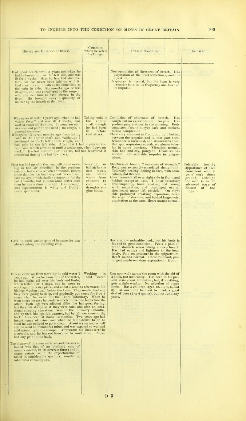 History and Duration of Illness. Had good licaltli vintil years apo when lie had iiitlammation in tlie' left side, and was ill for (3 weeks. .Says he has had rhenma- tisni, but has never been laid up with it. Had sliortness of breath at the same time as the pain in side. Six months iv^o he was ill again, aiul was considered by the surgeon who attended him to have alYseess in tlie liver_ He brought away a (juantity of matter by the bowels at that time. Was never ill until 4 years ago, when he had Taking cold in slow fever and was ill 4 weeks, but the engine t alked about all the time. It came on w ith shaft, though sickness and ]>ain in the liead ; no cough, a he had been general weakness. ill before Wiis again ill seven months ago fnnn taking that attack, cold in the engine shaft, and although I continued to work, felt a little cough, and had pain in the left side. After that 1 had a pain in the right side, which continued until 5 weeks ago, when 1 gave up work. Has lost flesh for 2 or 3 weeks, but has recovered it somewhat during the last few days. Causes to which he refers his Illness. Present Condition. I-'irst waslaid up v, ith tlie usual effects of work- ing in bad air <lescribed in the previous column, but recovered after 7 months' illness since that he has been e\])osed to cold and laid u]) again u ith similar .-yin|i|iiins for tlie last 7 months, but is soinewhal heller now than he was a short time ago. Has a cough, and expectoration is white and frothy ; never spat blood. Gave up work under ground because he was always ailing and catching cold. Working in bad air in the first place, and after- wards from exposure to cold in a draughty en- gine house. Illness came on from working in cold water 7 Working in vcars ago. When he came out of the water, cold water, he had pains all over his body and limbs, w hich lasted 3 or 4 days, but he went to work'again in a dry place, and about G months afterwards felt his legs  going dead below^ the knee. They used to feel as if they were going to sleep, and gradually got worse for 5 or 6 years wlien he went into the Truro Infirmary. Vt'lien he went there he says he could scarcely move one leg before the other. Both legs were affected alike ; he had good feeling, but they felt always as if they were cold, and with an occa- sional stinging sensation. Was in the infirmary 2 months, and by then his legs felt warmer, but he felt weakness in the back. Has been at home 12 months. Two years ago had incontinence of urine, and when he felt a desire to go to stool he was obliged to go at once. About a year and a half ago he went to Penandrea mine, and was exposed to wet and cold attending to the stamps. Afterwards his liinbs were in a tremble, and he has not been able to work since. Never had any pain in the back. The history of this case as far as could be ascer- tained was that of an ordinary case of miner's disease, in its severest form ; and in many jjoints, as in the expectoration of blood inconsiderable quantity, simulating tubercular consumption. Now com))Iains of shortness of breath. Has palpitation of the heart sometimes, and in- digcsti ju. Pespiralion is normal, Init his heart is very irregular both in its frequency and force of its impulse. Coiqilains of shortness of bre> Has couffh but no exjiecloration. No pair. Has profuse ])erspiralious in the morning. Body emaciated, face thin, eyes dark and sunken, sallow coniplexiou. Chest very reoiniant in front, but dull behind between the seapul.-e, and in that part vocal resonance is increased, and downwards from that spot respiratory sounds are almost tubu- lar in some jjortions. Vibration normal, skin hot and dry, pungent. Heart sounds normal. Considerable impulse in epigas- trium. Shortness of breath,  weakness of stomach. Body not extremely emaciated though tliin. Toler.dily healthy looking in face, with some colour, not Hushed. Cliest resonant all over right side in front, and behind except at base. 'I'nindar breathing bronchophony, loud creaking and cooing with inspiration, and jirolonged expira- tion heard under left clavicle. On right side prolonged creaking expiration, down the edge of sternum, and behind large moist crepitation at the base. Heart sounds normal. Has a sallow unhealthy look, but his body is fat and in good condition. Feels a pain in pit of stomach when taking a deep breath. Has had nausea and lightness in the head lately. Pain on pressure in the epigastrium. Heart sounds normal. Chest resonant, pro- longed emphysematous expiration in front. Can now walk across the room with the aid of a stick, but unsteadily. Has been in his pre- sent state about 6 months ; but, if anytliin;^, gets a little weaker. No atfection of upper limbs. Has 5 children, aged 12, 10, 8, 6, i^nd 3r,. At one time he used to drink a good deal of beer (3 or 4 quarts), but not for many years. O 3 Kemarki. Tolerably healdy appearance of face coincident with 8 years' work above ground, although the in:m is in an advanced stage of disease of the lungs.