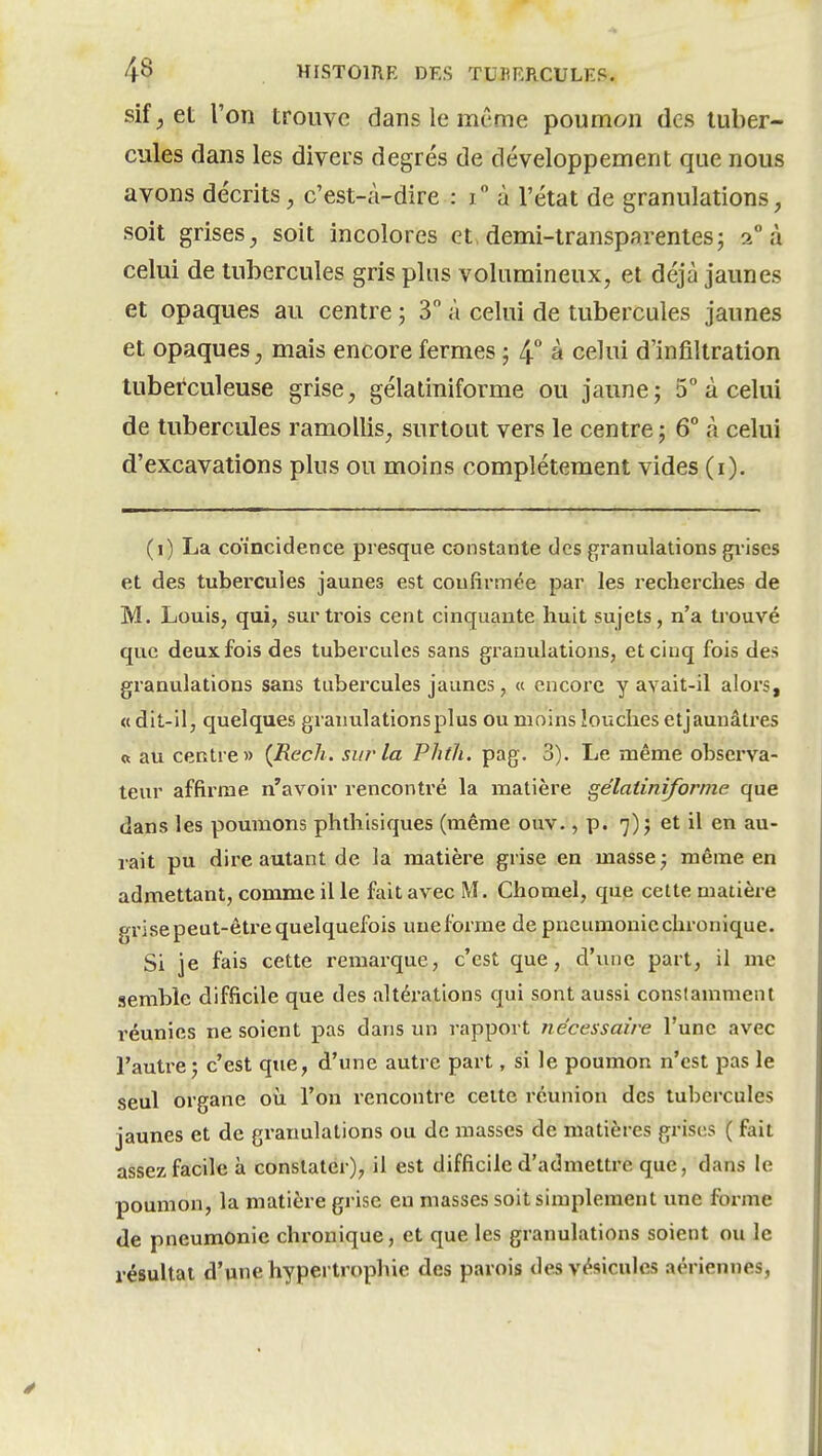 sif^et l'on trouve dans le même poumon des tuber- cules dans les divers degrés de développement que nous avons décrits^ c'est-à-dire : i à l'état de granulations, soit grises, soit incolores et, demi-transparentesj 2 à celui de tubercules gris plus volumineux, et déjà jaunes et opaques au centre ; 3 à celui de tubercules jaunes et opaques, mais encore fermes 5 4° à celui d'infiltration tuberculeuse grise, gélatiniforme ou jaune; 5° à celui de tubercules ramollis, surtout vers le centre ; 6° à celui d'excavations plus ou moins complètement vides (i). (1) La coïncidence presque constante des granulations gi-ises et des tubercules jaunes est confirmée par les recherches de M. Louis, qui, sur trois cent cinquante huit sujets, n'a trouvé que deux fois des tubercules sans granulations, et cinq fois des granulations sans tubercules jaunes, « encore y avait-il alors, « dit-il, quelques granulations plus ou moins louches etjaunâtres « au centre» {Rech. sur la Phth. pag. 3). Le même observa- teur affirme n'avoir rencontré la matière gélatiniforme que dans les poumons phthisiques (même ouv., p. 7)5 et il en au- rait pu dire autant de la matière grise en masse; même en admettant, comme il le fait avec M. Chomel, que cette matière grise peut-être quelquefois une forme de pneumonie chronique. Si je fais cette remarque, c'est que, d'une part, il me semble difficile que des altérations qui sont aussi constamment réunies ne soient pas dans un rapport nécessaire l'une avec l'auti-e; c'est que, d'une autre part, si le poumon n'est pas le seul organe où l'on rencontre celte réunion des tubercules jaunes et de granulations ou de masses de matières grises ( fait assez facile à constater), il est difficile d'admettre que, dans le poumon, la matière grise eu masses soit simplement une forme de pneumonie chronique, et que les granulations soient ou le résultat d'une hypertrophie des parois des vésicules aériennes.