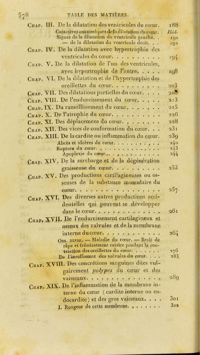 CuAP. m. De la dilatation des ventricules (lu cœur. 188 Caraclèrcsanalomi()ues delà dilatation tlu cœur. Ibid- Signes de la dilatation du veutricnle {^auciie. . 190 — de la dilatation du ventricule droit. . . 192 Chap. IV. De la dilatation avec hypertropliio des ventricules du cœur i gij. CuAP. V. De la dilatation de l'un des ventricules^ avec hypertrophie 4a l'autre, .... 14)8 Chap. YI. De la dilatation et de l'hypertrophie des oreillettes du cœur 2o3 Chap. VII. Des dilatations partielles du cœur. . . . aoB Chap. Vlll. De l'endurcissement du cœur, .... ai3 Chap. IX. Du ramollissement du cœur. ...... 215 Chap. X. De l'atrophie du cœur. 226 Chap. XI. Des déplacemens du cœur 228 Chap. XII. Des vices de conformation du cœur. . . 231 Chap. XIII. De iacardite ou inflammation du cœur, 239 Abcès et tilcères du cœur 240 Rupture da cœur a^S Apoplexie du cœur 244 Chaç. XIV. De la surcharge et de la dégéncr^tion graisseuse du cœur aSS Chap. XV. Des productions cartilagineuses ou os- seuses de la substance muspulaire du cœur 257 Chap. XVI. Des diverses autres productions acci- dentelles qui peuvent se développer dans le cœur 261 Chap» XVÎÏ. De l'endurcissement cartilagineux et osseux des valvules et de la membrane interne ducœur 264 Obs. xtvui. — Maladie du cœur. — Bruit dje râpe et frémissement cataire pendant la con- traction des oreillettes du cœur 2^6 De l'insuffisance des valvules du pœar. . . . a83 Chap. XVIII. Des concrétions sanguines dites vul- gairement polypes du cœur et des vaisseaux. , 289 Chap. XIX. De l'inflammation de la membrane in- terne du cœur ( cardite interne ou en- docardite) et des gros vaisseaux. ... 3oi J. Rpugeur de celte membrane, 3oa