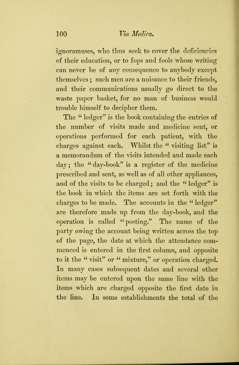 if^noramuses, wlio tlms seek to cover the deficiencies of their education, or to fops and fools whose writing can never be of any consequence to anybody except themselves ; such men are a nuisance to their friends, and their communications usually go direct to the waste paper basket, for no man of business would trouble himself to decipher them. The  ledger is the book containing the entries of the number of visits made and medicine sent, or operations performed for each patient, with the charges against each. Whilst the visiting list is a memorandum of the visits intended and made each day; the day-book is a register of the medicine prescribed and sent, as well as of all other appliances, and of the visits to be charged; and the  ledger is the book in which the items are set forth with the charges to be made. The accounts in the  ledger are therefore made up from the day-book, and the operation is called posting. The name of the party owing the account being written across the top of the page, the date at which the attendance com- menced is entered in the first column, and opposite to it the  visit or  mixture, or operation charged. In many cases subsequent dates and several other items may be entered upon the same line mth the items which are charged opposite the first date in the line. In some establishments the total of the