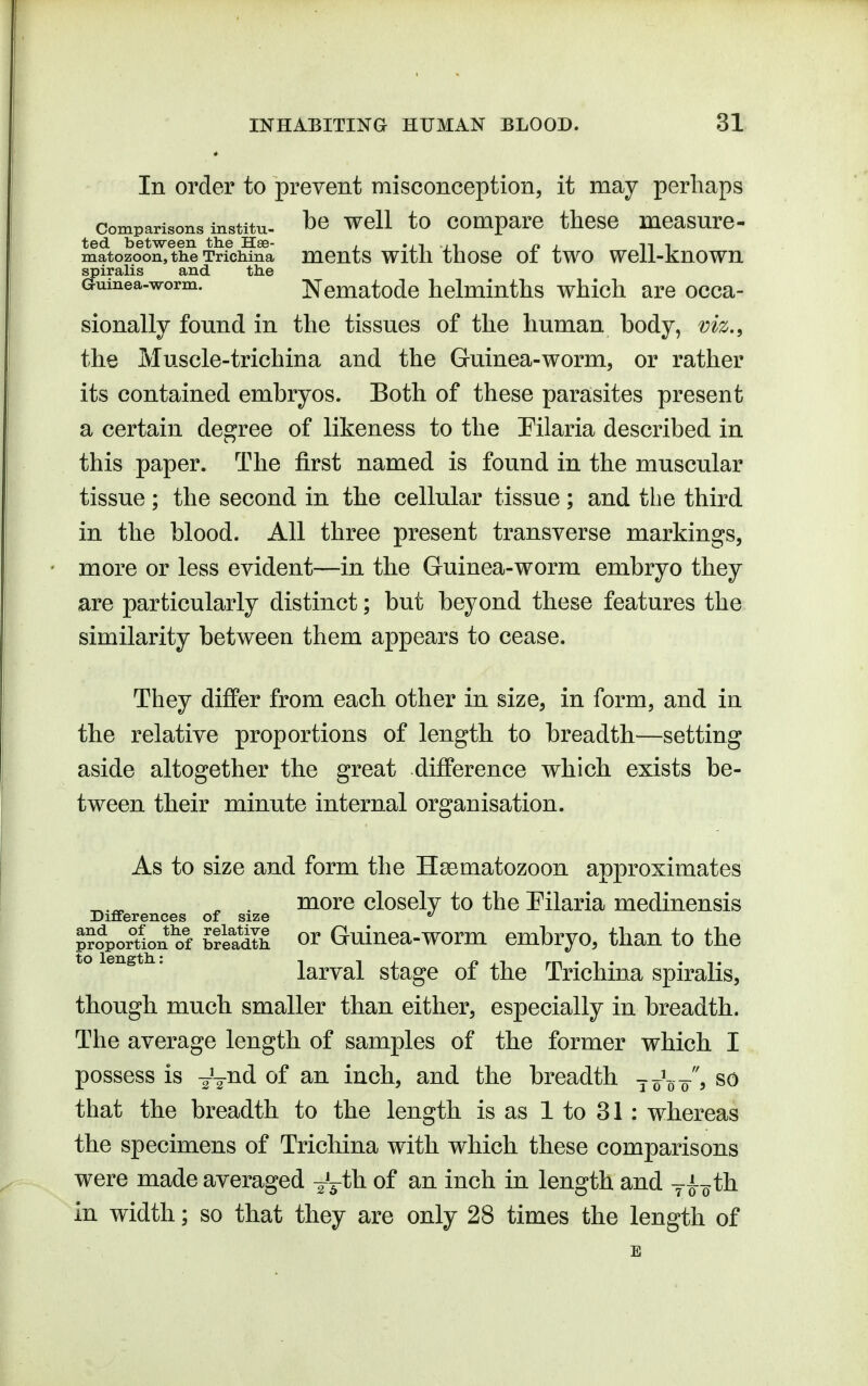 In order to prevent misconception, it may perhaps Comparisons institu. ^0 wcll to comparc thcsc measurc- ted between the Hse- , 'ji ji n j n ^ matozoon, the Trichina mcnts Wltll tllOSC 01 tWO WCli-knOWn spiralis and the Guinea-worm. Ncmatodc helminths which are occa- sionally found in the tissues of the human body, viz., the Muscle-trichina and the Guinea-worm, or rather its contained embryos. Both of these parasites present a certain degree of likeness to the Pilaria described in this paper. The first named is found in the muscular tissue; the second in the cellular tissue; and the third in the blood. All three present transverse markings, more or less evident—in the Guinea-worm embryo they are particularly distinct; but beyond these features the similarity between them appears to cease. They differ from each other in size, in form, and in the relative proportions of length to breadth—setting aside altogether the great difference which exists be- tween their minute internal organisation. As to size and form the Hsematozoon approximates ^ . more closely to the Pilaria medinensis Dififerences of size p?oporfion^f Sladth OY Guinca-worm embryo, than to the to length. larval stage of the Trichina spiralis, though much smaller than either, especially in breadth. The average length of samples of the former which I possess is yV^^ inch, and the breadth ^o^o-o^ so that the breadth to the length is as 1 to 31 : whereas the specimens of Trichina with which these comparisons were made averaged ^^^th of an inch in length and th in width; so that they are only 28 times the length of