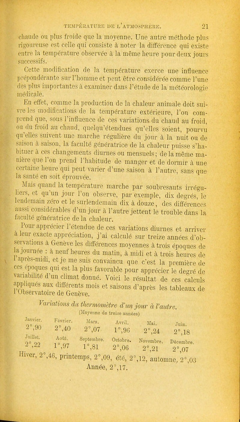 chaude ou plus froide que la moyenne. Une autre méthode plus rigoureuse est celle qui consiste à noter la différence qui existe entre la température observée à la même heure pour deux jours successifs. Cette modification de la température exerce une influence prépondérante sur l’homme et peut être considérée comme l’une des plus importantes à examiner dans l’étude de la météorologie médicale. En effet, comme la production de la chaleur animale doit sui- vre les modifications de la température extérieure, l’on com- prend que, sous l’influence de ces variations du chaud au froid, ou du froid au chaud, quelqu’étendues qu’elles soient, pourvu qu’elles suivent une marche régulière du jour à la nuit ou de saison à saison, la faculté génératrice de la chaleur puisse s’ha- bituer à ces changements diurnes ou mensuels ; de la même ma- nière que l’on prend l’habitude de manger et de dormir à une ceitaine heure qui peut varier d’une saison à l’autre, sans que la santé en soit éprouvée. Mais quand la température marche par soubresauts irrégu- liers, et qu’un jour l’on observe, par exemple, dix degrés, le lendemain zéro et le surlendemain dix cà douze, des différences aussi considérables d’un jour à l’autre jettent le trouble dans la faculté génératrice de la chaleur. Pour apprécier l’étendue de ces variations diurnes et arriver à leur exacte appréciation, j’ai calculé sur treize années d’ob- servations à Genève les différences moyennes à trois époques de ajournée : à neuf heures du matin, à midi et à trois heures de après-midi, et je me suis convaincu que c’est la première de ces époques qui est la plus favorable pour apprécier le de-ré de variabilité d’un climat donné. Voici le résultat de ces calculs appliqués aux différents mois et saisons d’après les tableaux de i Observatoire de Genève. Variations cia thermomètre d'un jour à Vautre. (Moyenne de treize années) Janvier. Février. Mars. Avril. Mai. Juin. 2°,90 2°,40 2°,07 1°,96 2°,24 2°,18 Juillet. f)o or» Août. Septembre. Octobre. Novembre. Décembre. 2 ,22 1°,97 1°,81 2°, 06 2°,21 2°.07 Hiver, 2° ,46, printemps, 2°,09, été, 2 Année, 2”, 17. ,12, automne, 2°,0: