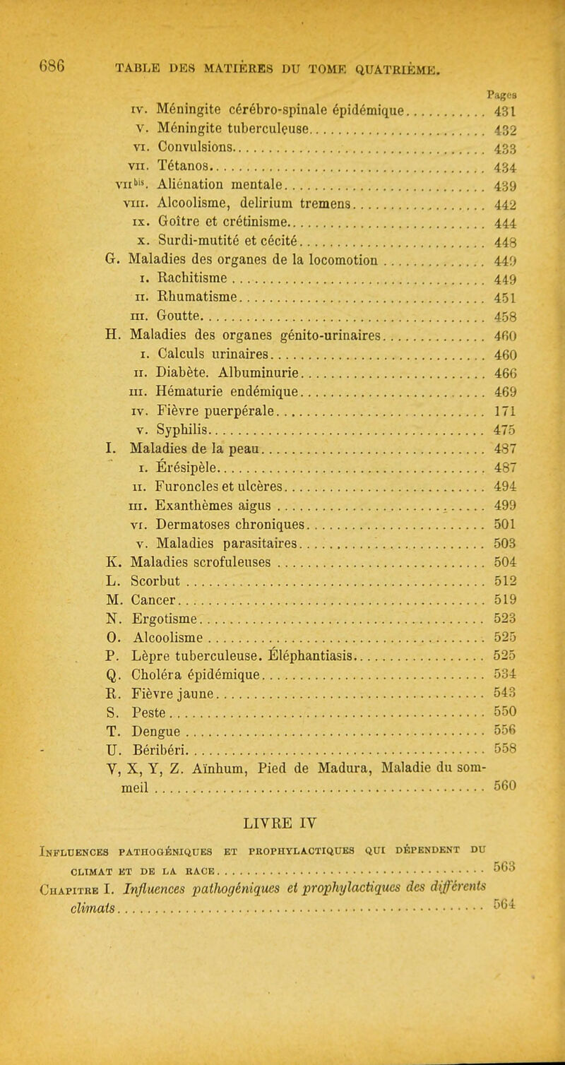 Pages IV. Méningite cérébro-spinale épidémique 431 V. Méningite tuberculeuse 432 VI. Convulsions 433 VII. Tétanos 434 VII i»!. Aliénation mentale 439 VIII. Alcoolisme, delirium tremens 442 IX. Goitre et crétinisme 444 X. Surdi-mutité et cécité 448 G. Maladies des organes de la locomotion 440 I. Rachitisme 449 II. Rhumatisme 451 III. Goutte 458 H. Maladies des organes génito-urinaires 460 I. Calculs urinaires 460 II. Diabète. Albuminurie 46G III. Hématurie endémique 469 IV. Fièvre puerpérale 171 V. Syphilis 475 I. Maladies de la peau 487 I. Érésipèle 487 II. Furoncles et ulcères 494 m. Exanthèmes aigus 499 VI. Dermatoses chroniques 501 V. Maladies parasitaires 503 K. Maladies scrofuleuses 504 L. Scorbut 512 M. Cancer 519 N. Ergotisme 523 0. Alcoolisme 525 P. Lèpre tuberculeuse. Éléphantiasis 525 Q. Choléra épidémique 534 R. Fièvre jaune 543 S. Peste 550 T. Dengue 556 U. Béribéri 558 V, X, Y, Z. Aïnhum, Pied de Madura, Maladie du som- meil 560 LIVRE IV Influences pathogéniques et prophylactiques qui dépendent du climat et de la race 563 Chapitre I. Influences paihogéniques et prophylactiques des différents climats